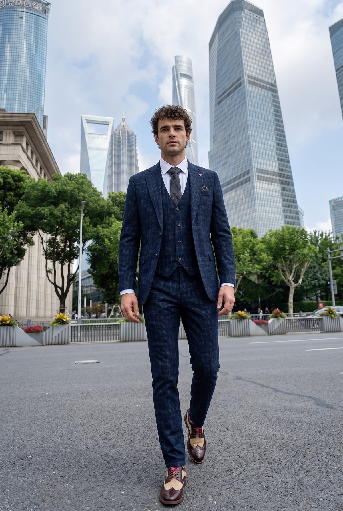 Look #570 styled with Marcos - Ανδρικό Σκούρο Μπλε Καρό Κοστούμι 3 Τεμαχίων σε Στενή Γραμμή
