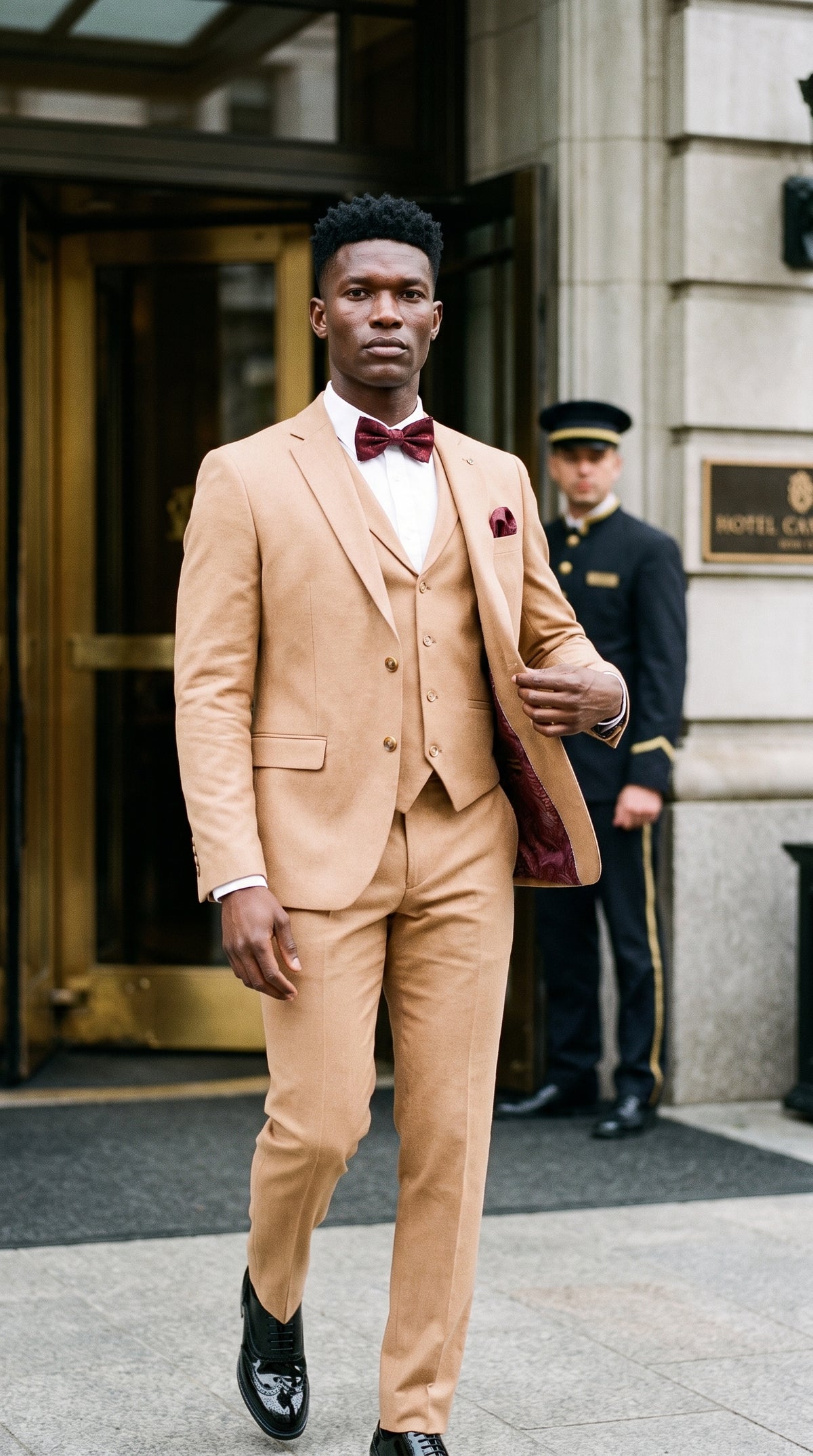 Look #644 styled with TP-23 - Ανδρικό Καλοκαιρινό Νυφικό Κοστούμι 3 Τεμαχίων από Λινό Camel