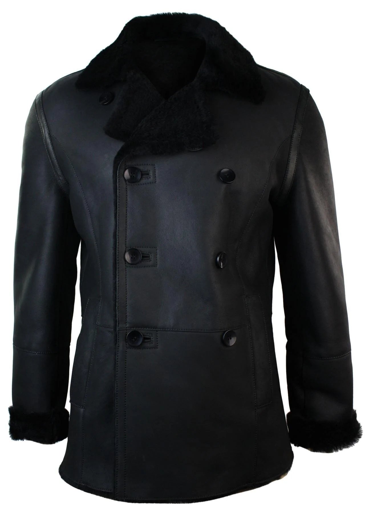 Ανδρικό μπουφάν Real Shearling από δέρμα προβάτου Γερμανικού Ναυτικού με διπλό στήθος, μαύρο, εφαρμοστό