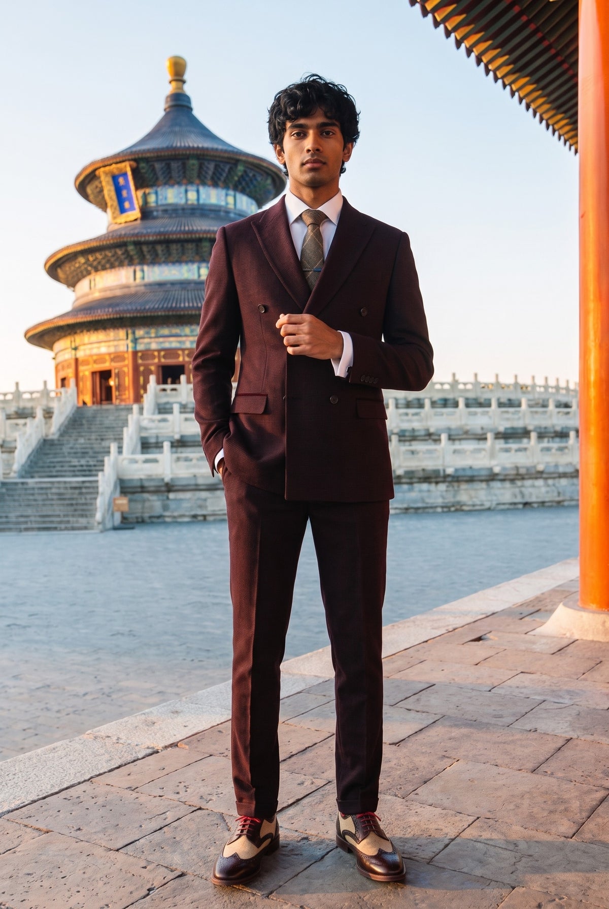 Look #641 styled with Regent - Ανδρικό Μπορντό Κοστούμι 2 Τεμαχίων με Σταυρωτό Στήθος