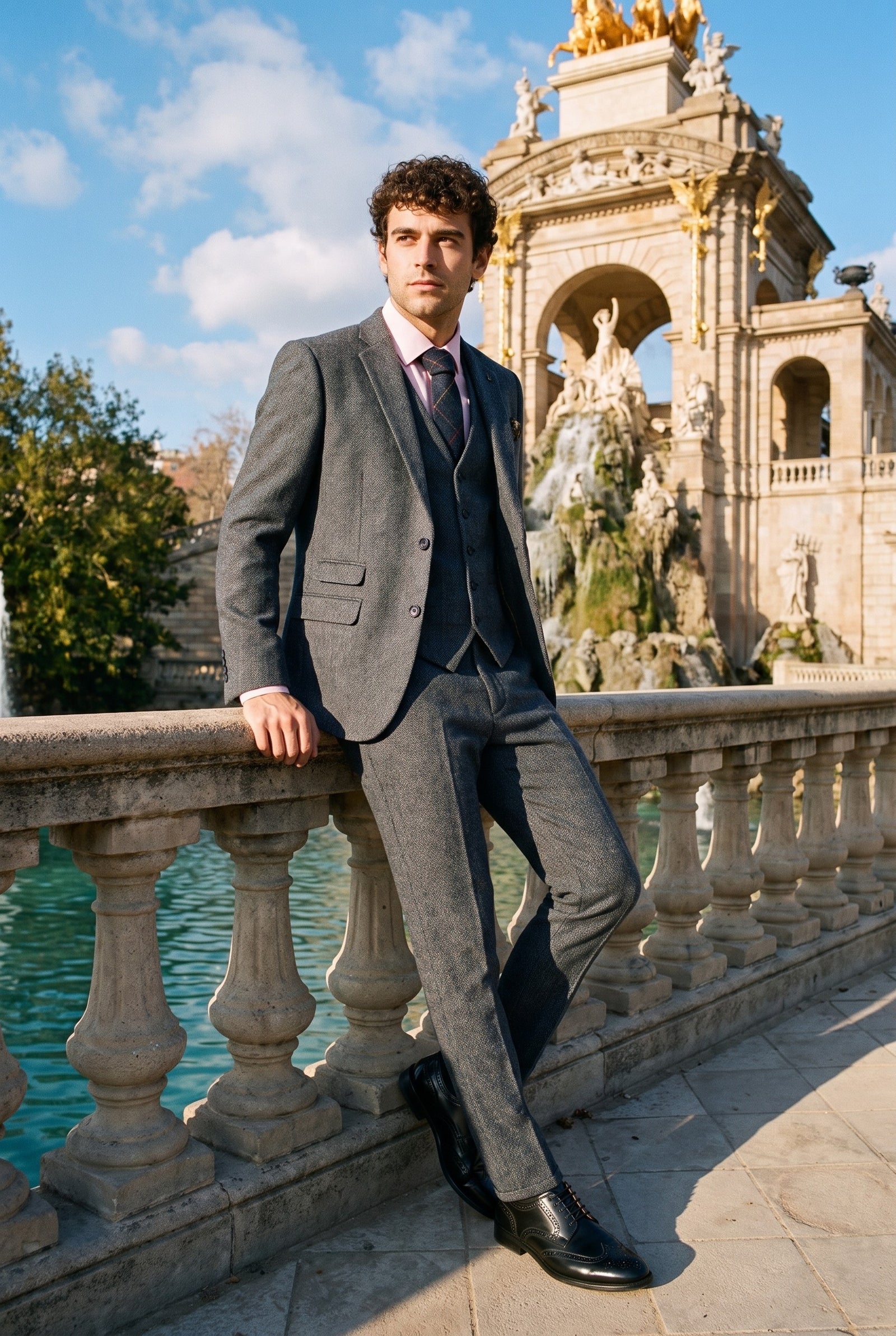Look #955 styled with Thomas - Ανδρικό κοστούμι 3 τεμαχίων από μπλε τουίντ, μείγμα μαλλιού