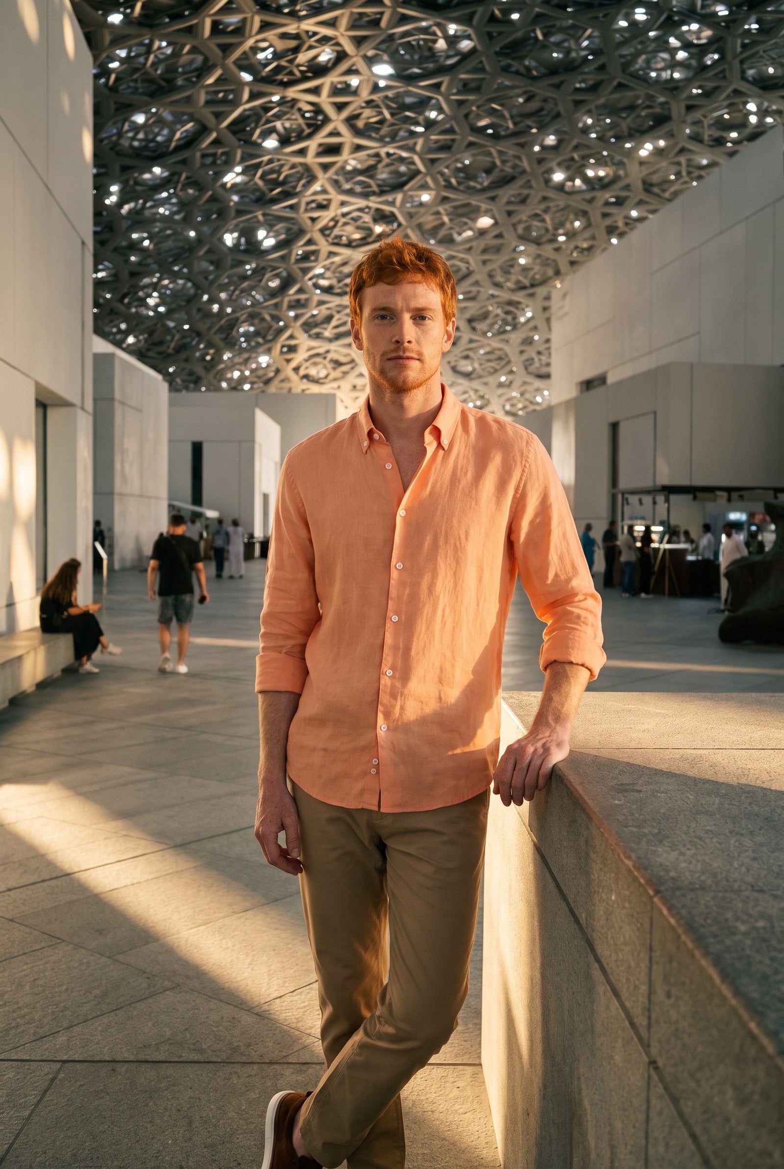 Look #1024 styled with Ανδρικό παντελόνι Chino από χακί λινό μείγμα, λεπτό καλοκαιρινό ύφασμα Tencel από βαμβάκι