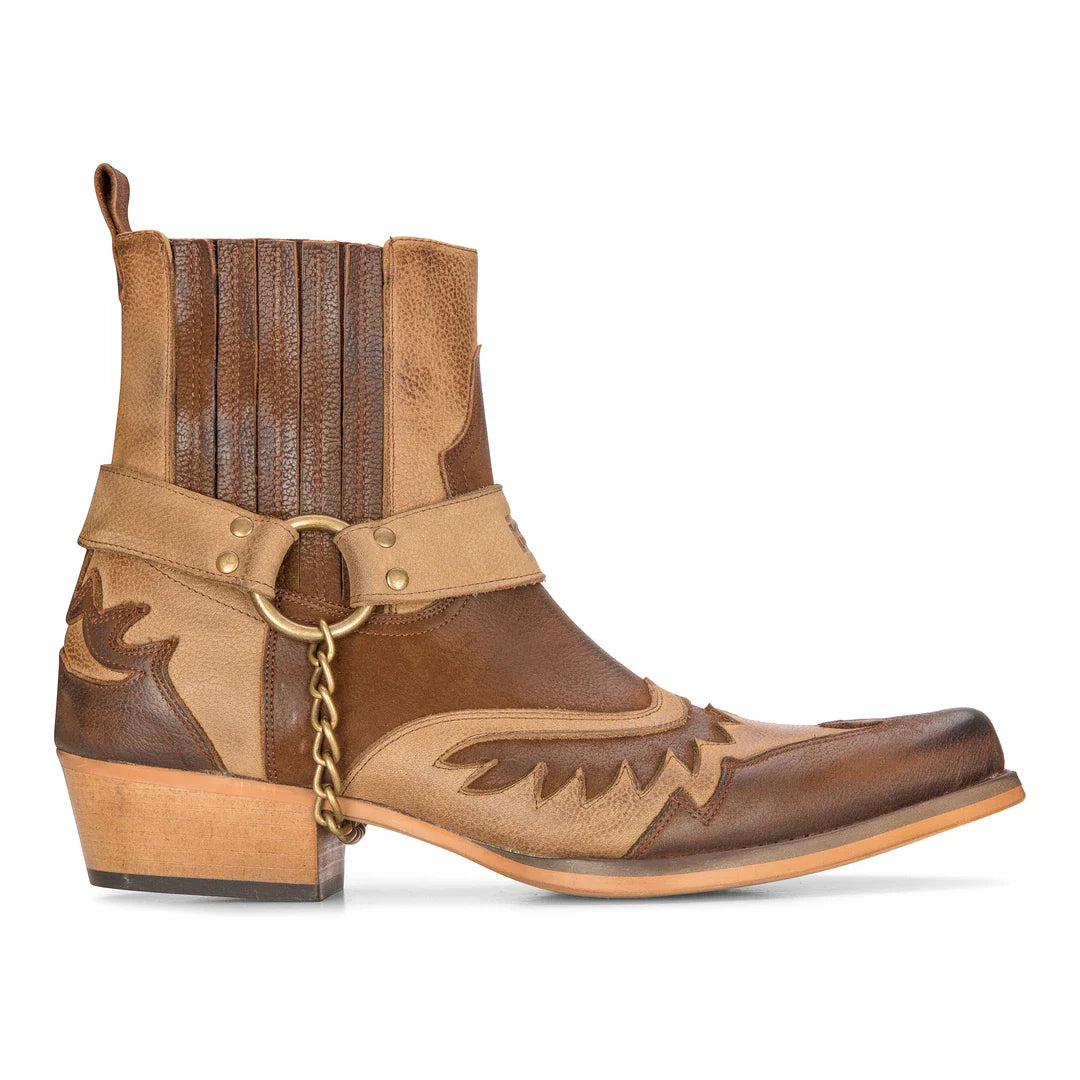 Ανδρικές καφέ καουμπόικες μπότες Western, vintage, μυτερές, μπότες ιππότη με αστράγαλο, από γνήσιο δέρμα