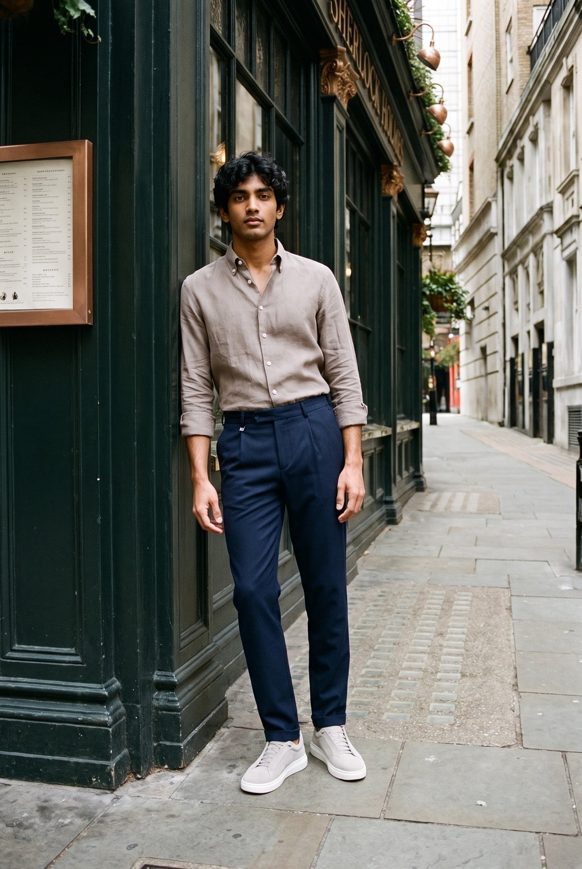 Look #1017 styled with Ανδρικό ανοιχτό καφέ πουκάμισο από καθαρό λινό με μακριά μανίκια και κουμπιά, καλοκαιρινό πουκάμισο