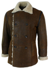 Ανδρικό μπουφάν Real Shearling από δέρμα προβάτου Γερμανικού Ναυτικού με διπλό στήθος, vintage καφέ