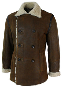 Ανδρικό μπουφάν Real Shearling από δέρμα προβάτου Γερμανικού Ναυτικού με διπλό στήθος, vintage καφέ