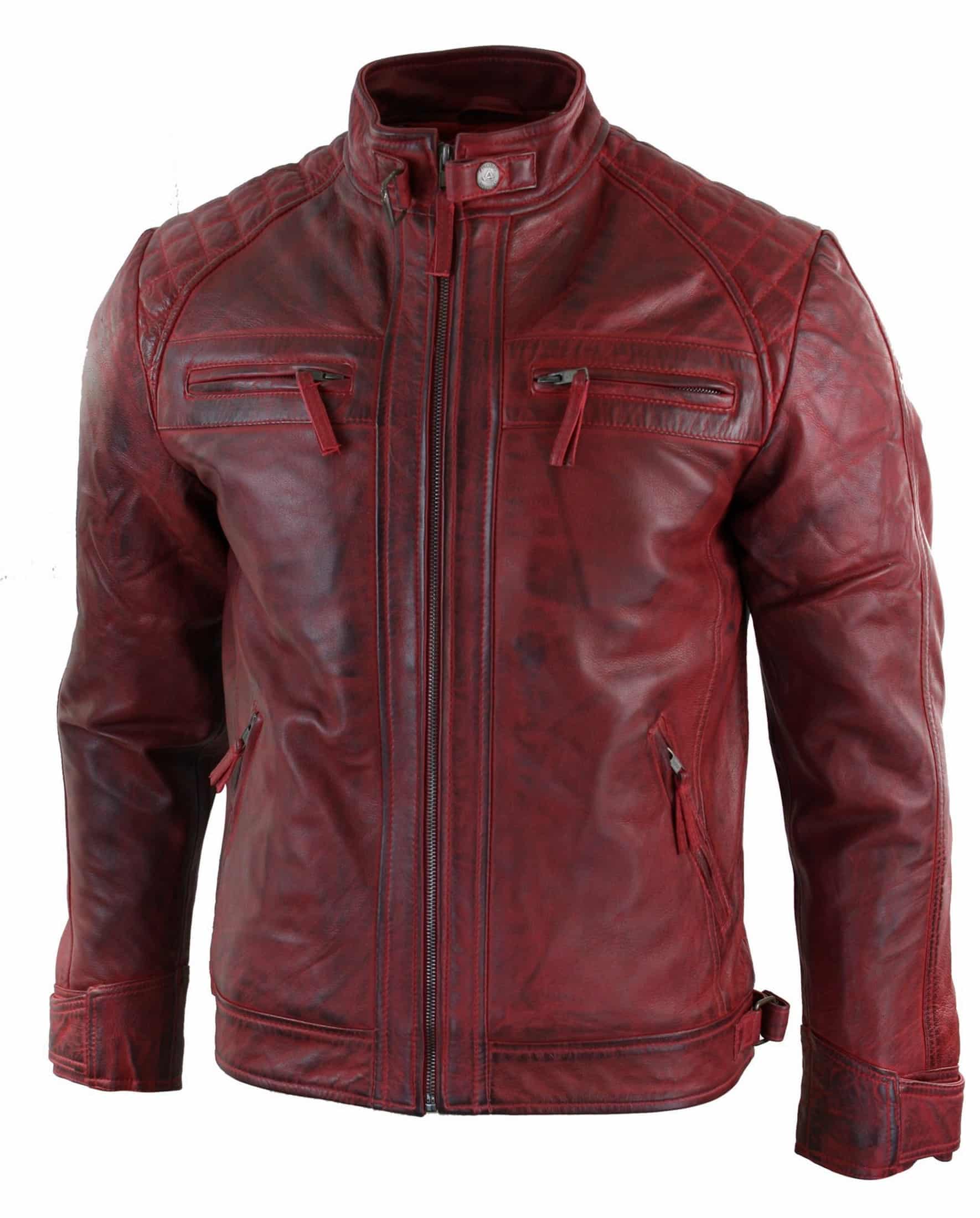 Ανδρικό κόκκινο, φθαρμένο δερμάτινο μπουφάν από γνήσιο δέρμα