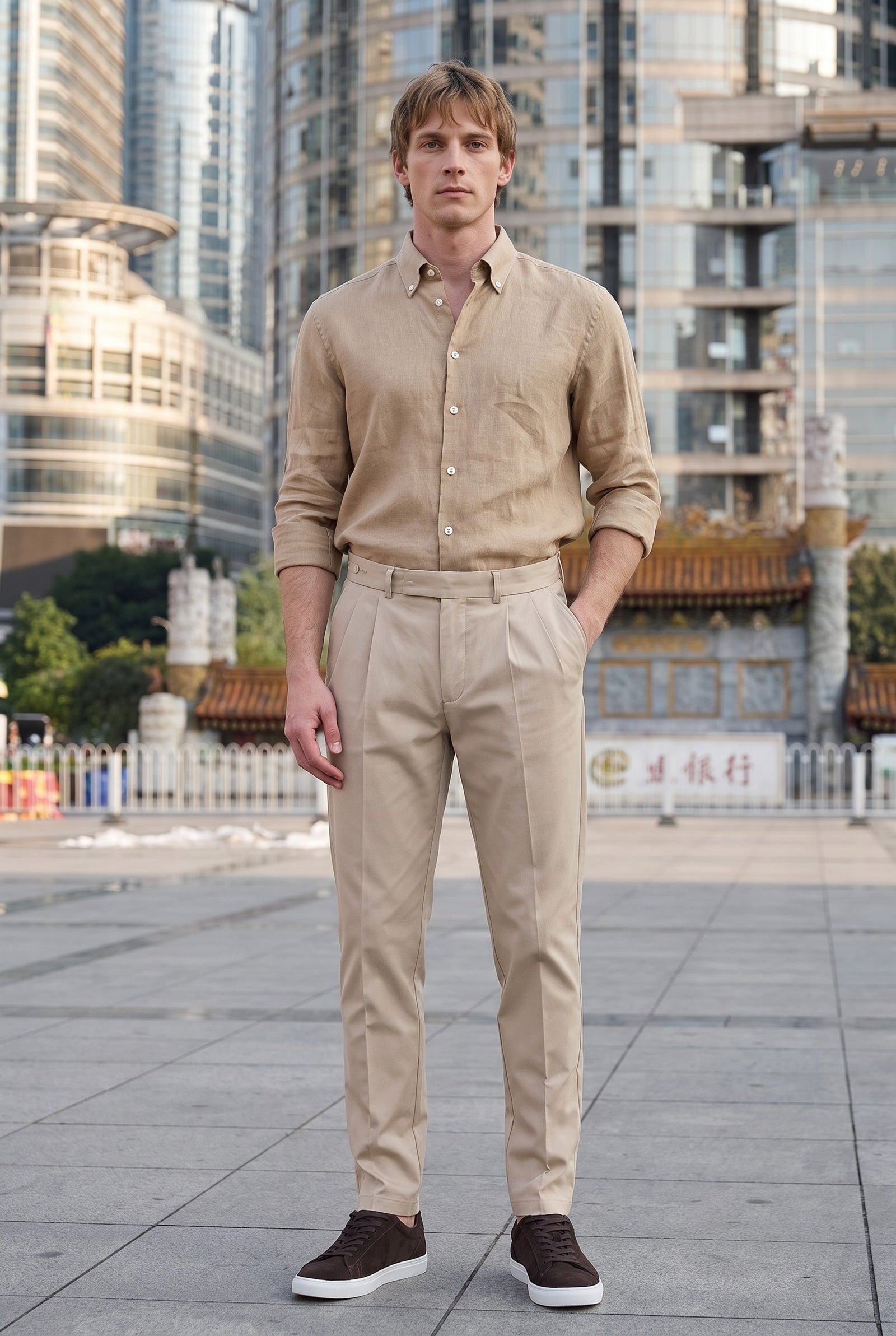 Look #1022 styled with Μπεζ πλισέ παντελόνι για άνδρες σε κλασική εφαρμογή