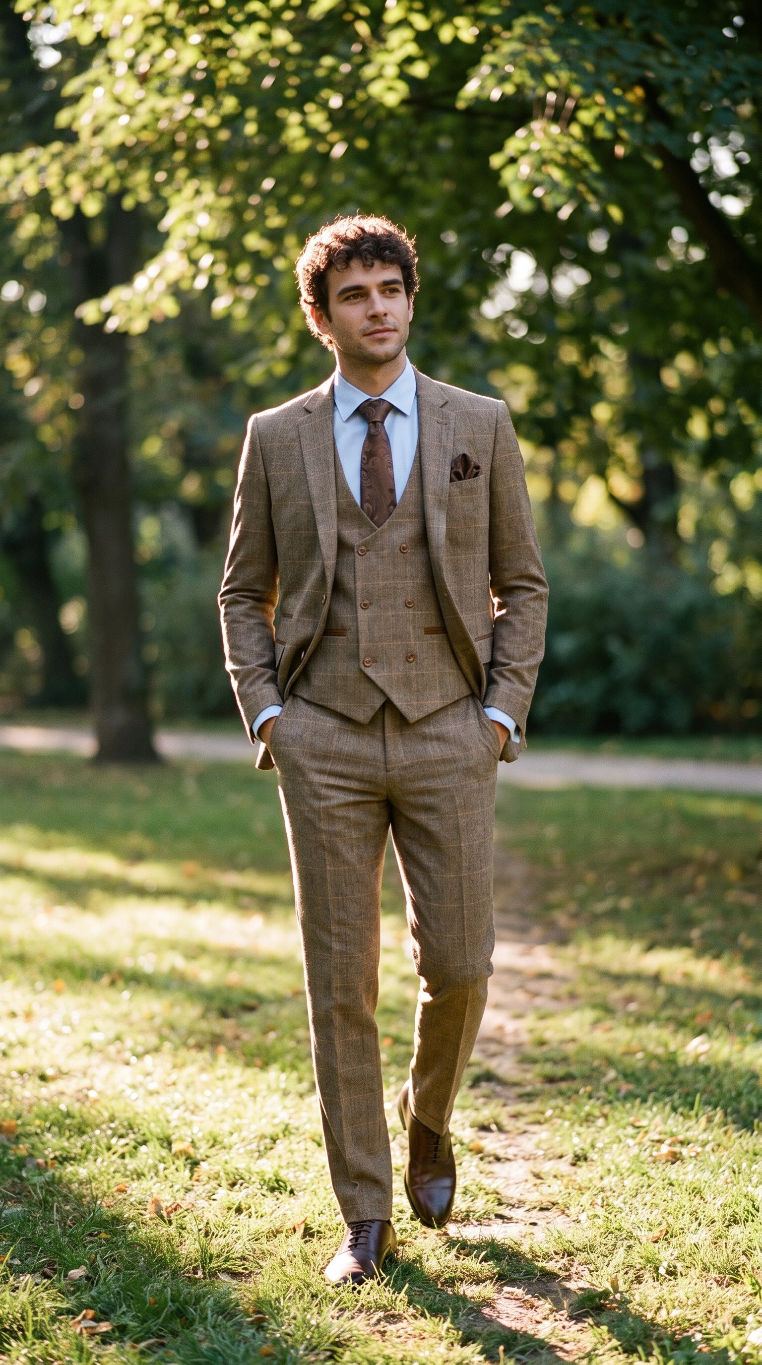 Look #343 styled with Ανδρικό Ολόσωμο Σορτς 3 Τεμαχίων από Τουίντ σε Ψαροκόκκαλο, Καφέ-Μαύρο, Κλασικό, Διπλής Εφαρμογής