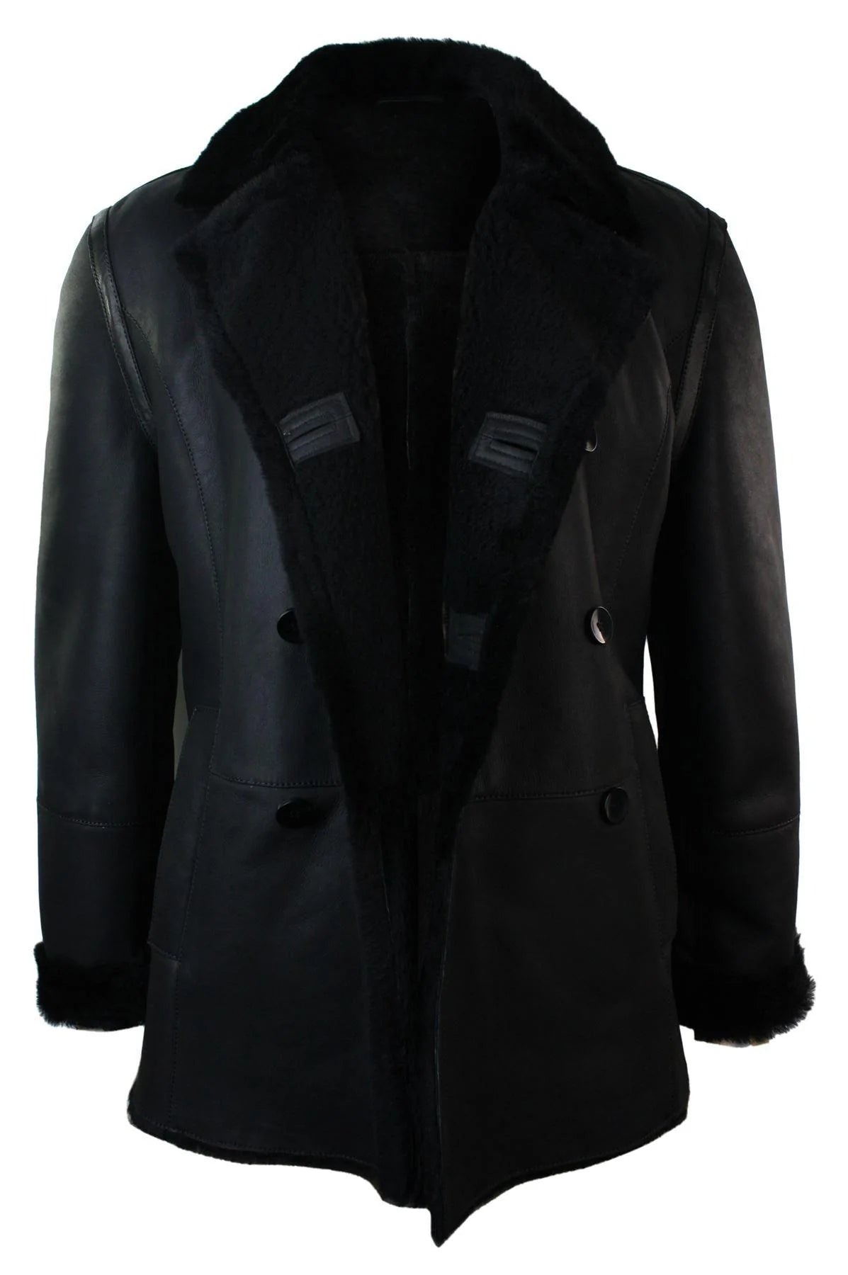 Ανδρικό μπουφάν Real Shearling από δέρμα προβάτου Γερμανικού Ναυτικού με διπλό στήθος, μαύρο, εφαρμοστό