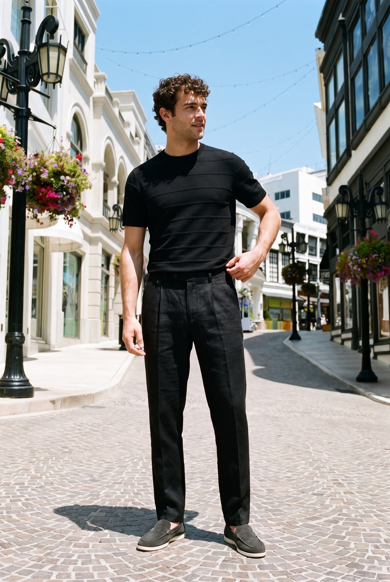 Look #876 styled with Ανδρικό μαύρο παντελόνι με πλισέ κορδόνι από 100% λινό, σε χαλαρή ίσια γραμμή