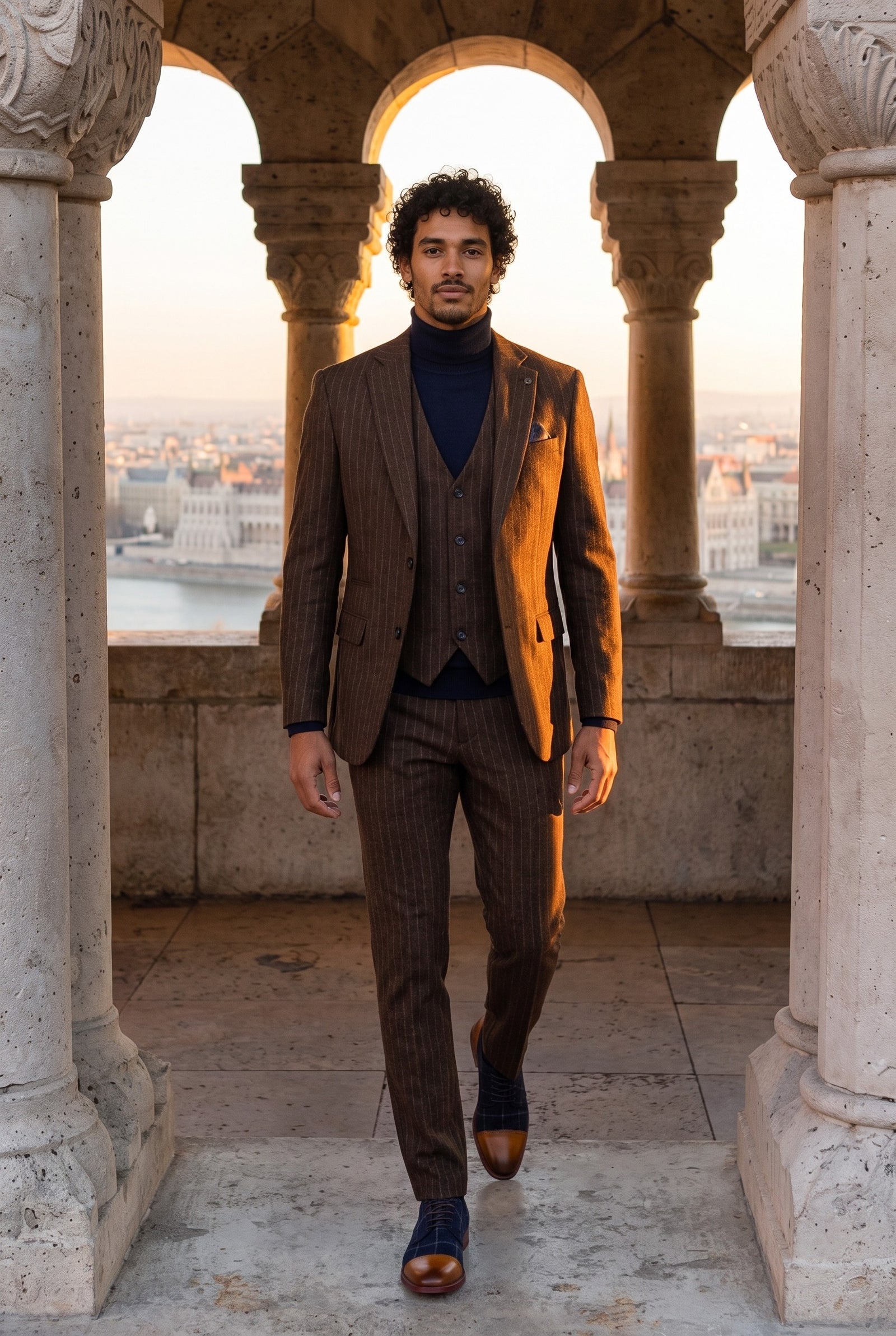 Look #959 styled with Ανδρικό καφέ ριγέ κοστούμι 3 τεμαχίων σε στενή γραμμή