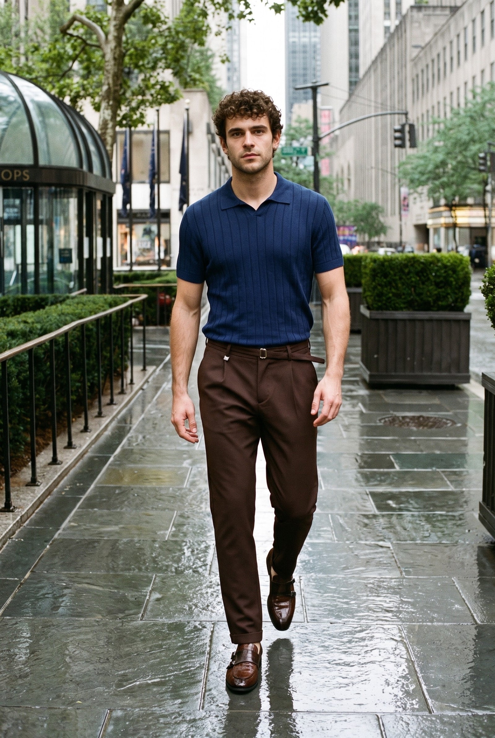 Look #907 styled with Ανδρικό Πόλο Μπλουζάκι με Ριμπ Πλεχτό σε Μπλε Ναυτικό Χρώμα