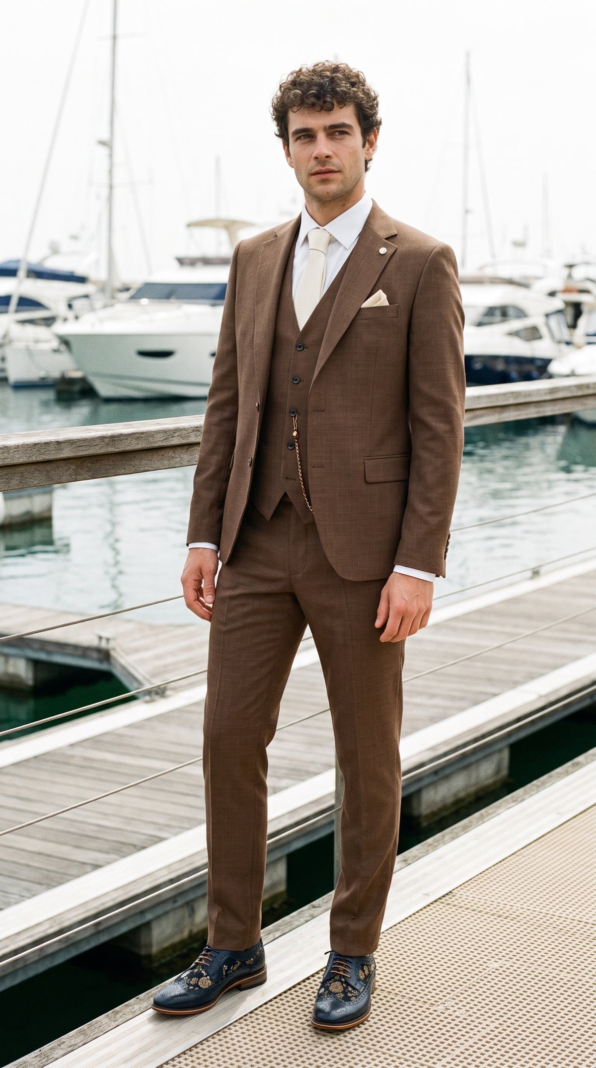 Look #307 styled with Ανδρικό απλό καφέ κοστούμι James 3 τεμαχίων με κλασική εφαρμογή