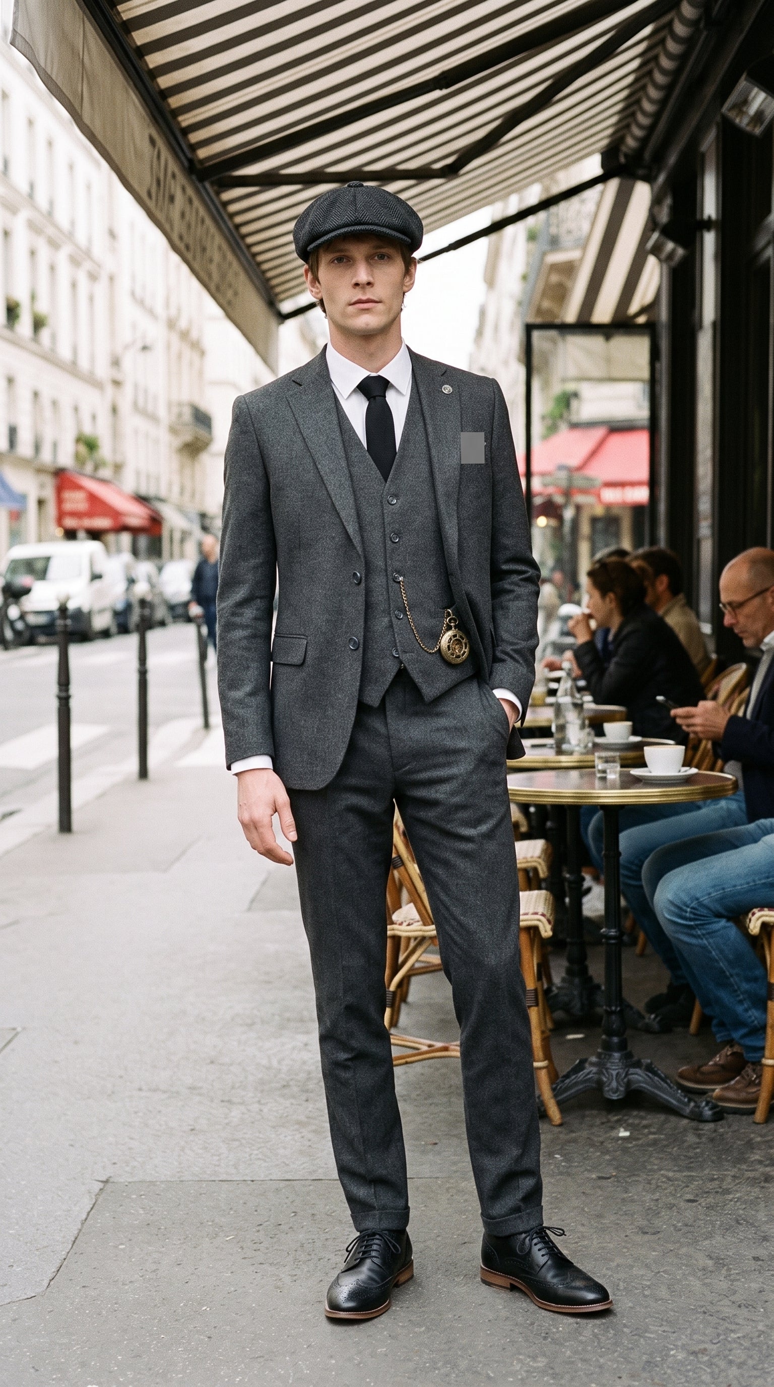Look #831 styled with Ανδρικό γκρι μάλλινο κοστούμι Peaky Blinders της δεκαετίας του 1920