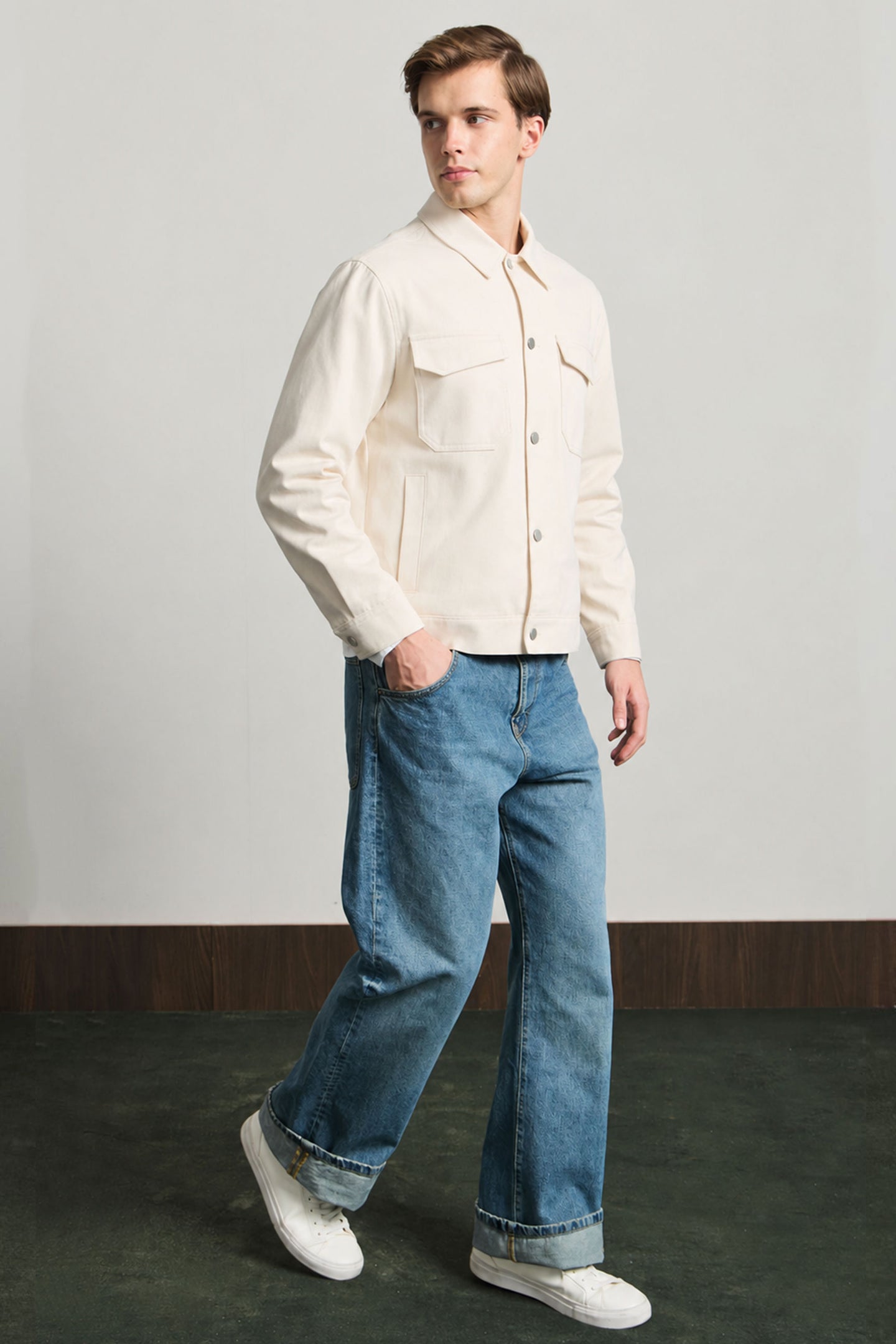 Ανδρικό μπεζ βαμβακερό μπουφάν Twill - Trucker Overshirt