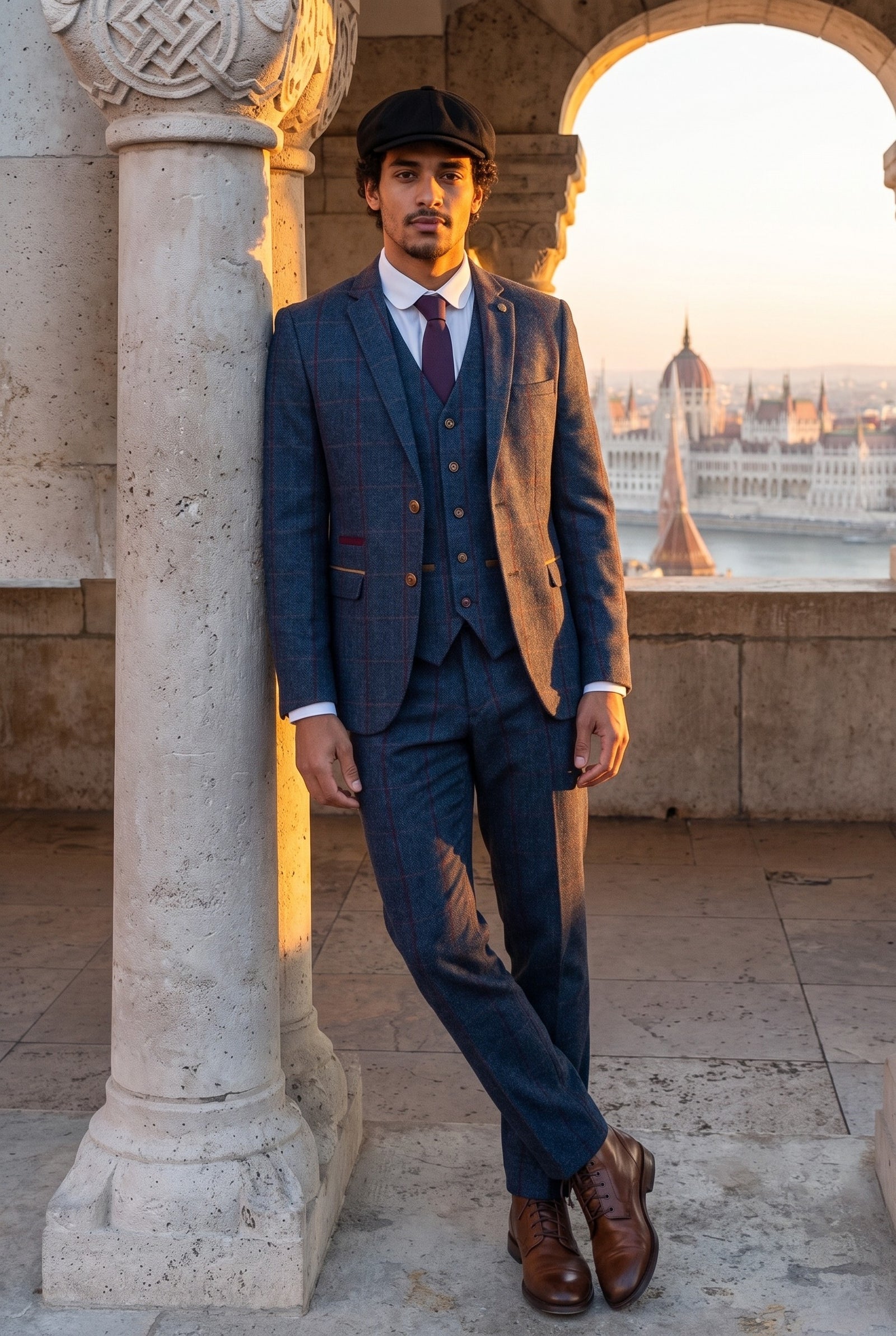 Look #553 styled with Ανδρικό κοστούμι ψαροκόκαλο από τουίντ, 3 τεμάχια, μπλε-κόκκινο, καρό, vintage, δεκαετία του 1920, σε προσαρμοσμένη γραμμή