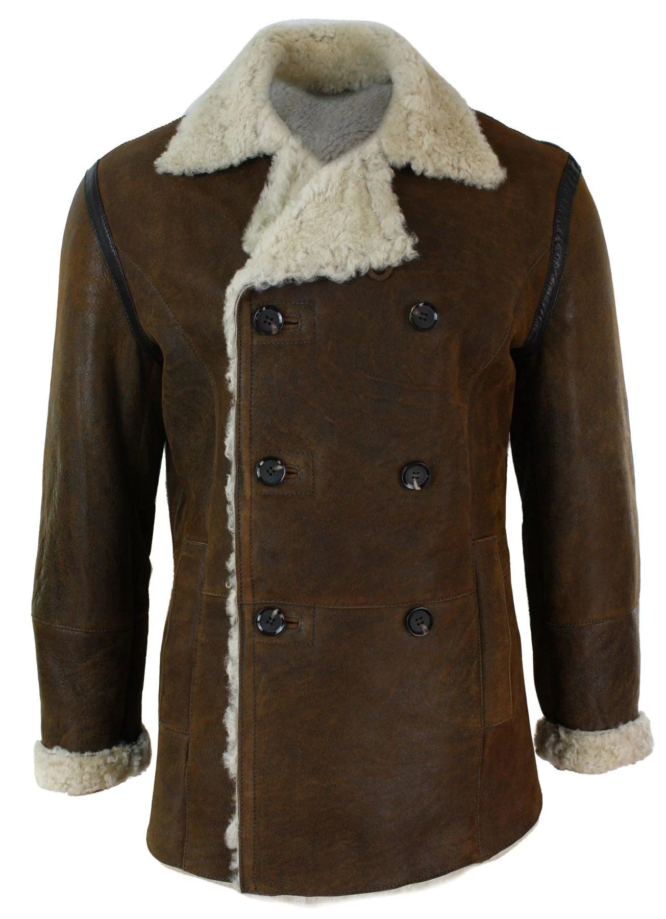 Ανδρικό μπουφάν Real Shearling από δέρμα προβάτου Γερμανικού Ναυτικού με διπλό στήθος, vintage καφέ