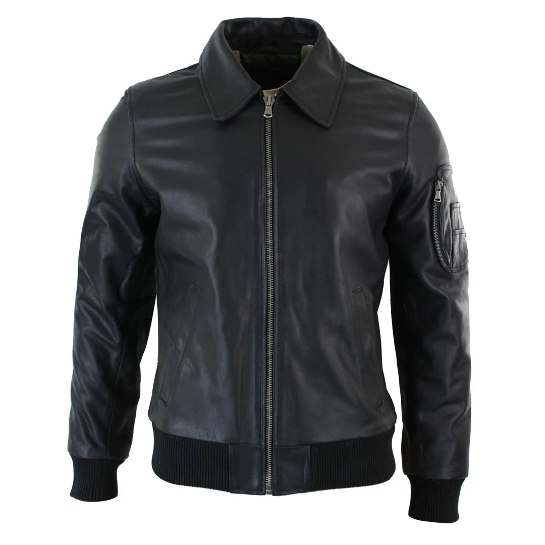 Ανδρικό Δερμάτινο Μπουφάν Harrington Black Bomber Classic Pilot