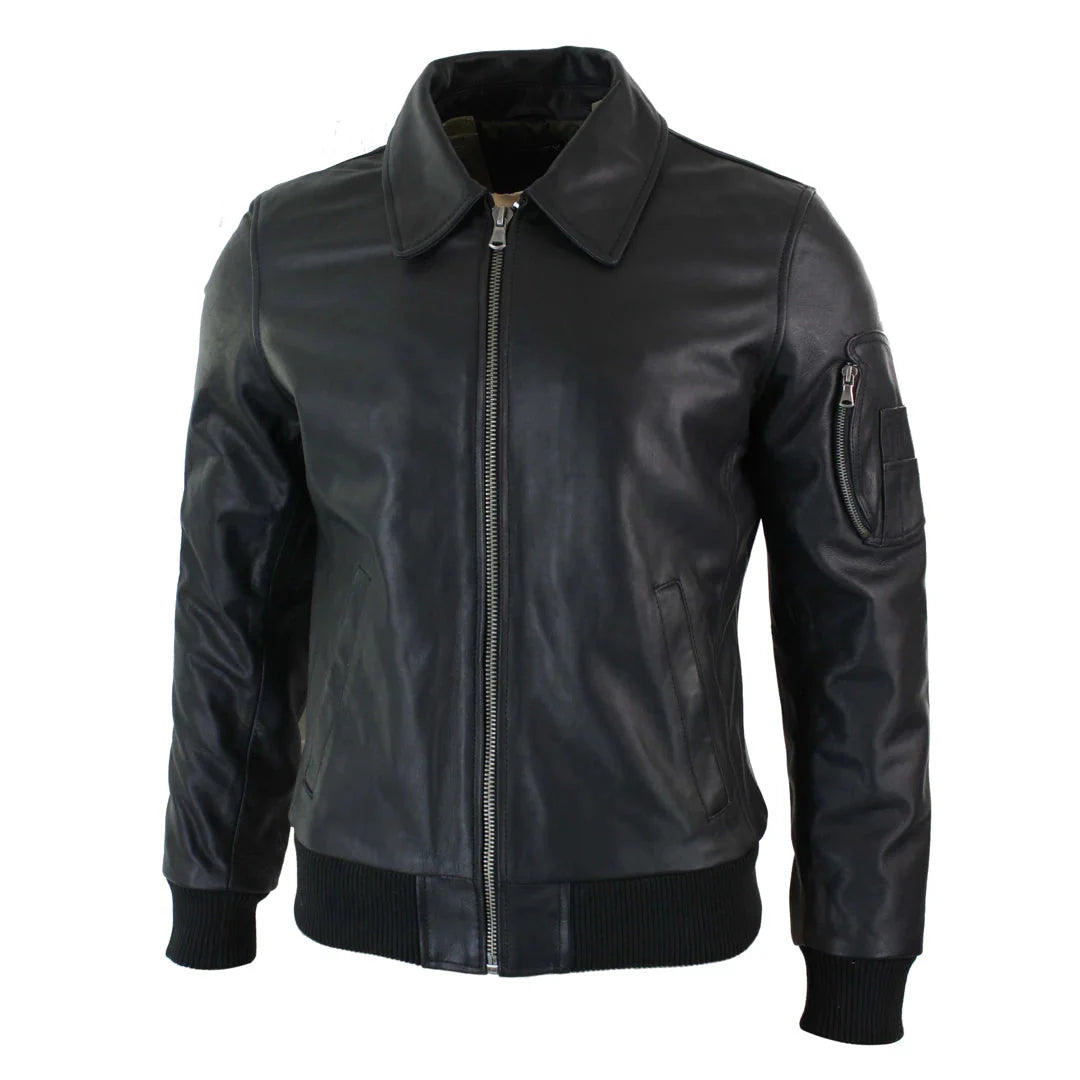 Ανδρικό Δερμάτινο Μπουφάν Harrington Black Bomber Classic Pilot