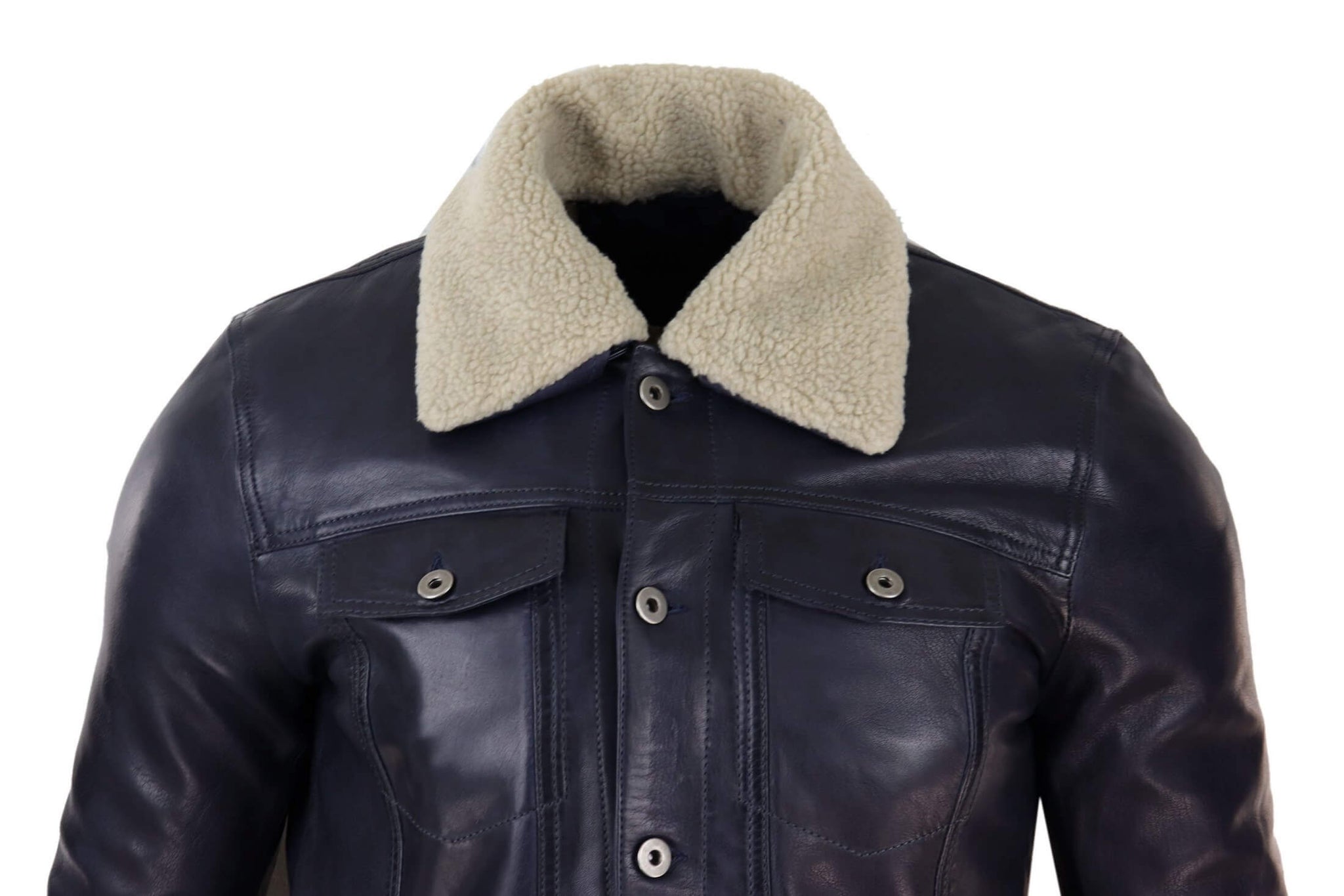 Ανδρικό τζιν μπουφάν από γνήσιο δέρμα με γούνινο γιακά ρετρό vintage κλασικό μπλε σκούρο casual