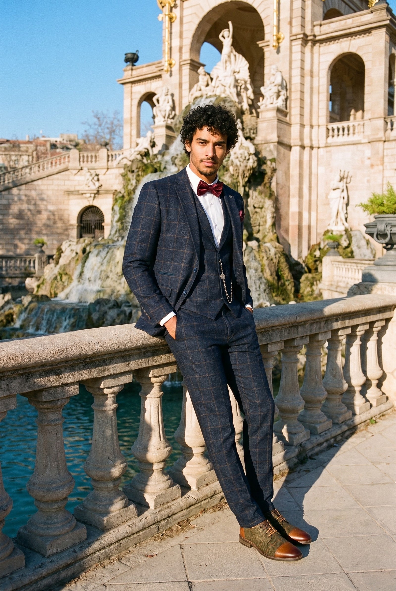Look #728 styled with Ανδρικό κοστούμι 3 τεμαχίων από μάλλινο τουίντ, σκούρο μπλε, καφέ καρό, Gatsby της δεκαετίας του 1920