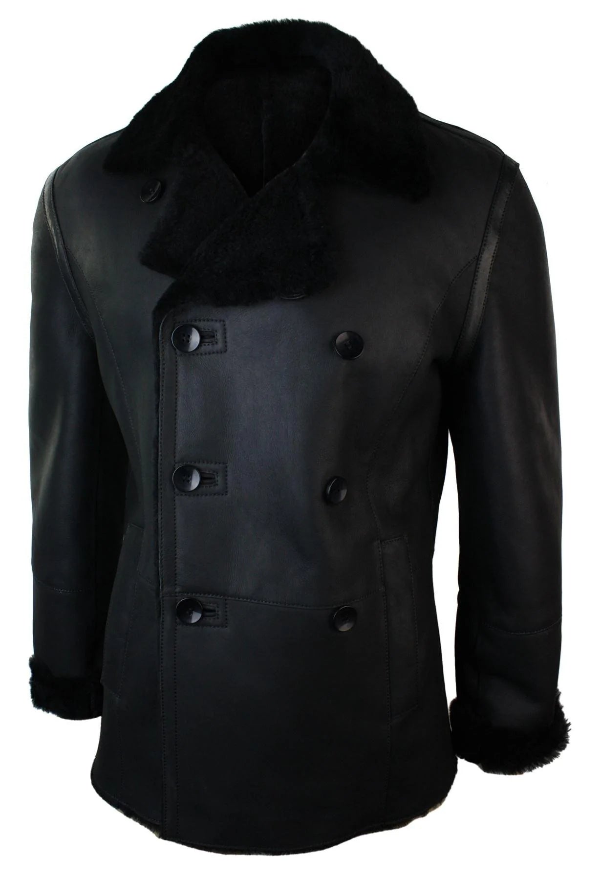 Ανδρικό μπουφάν Real Shearling από δέρμα προβάτου Γερμανικού Ναυτικού με διπλό στήθος, μαύρο, εφαρμοστό