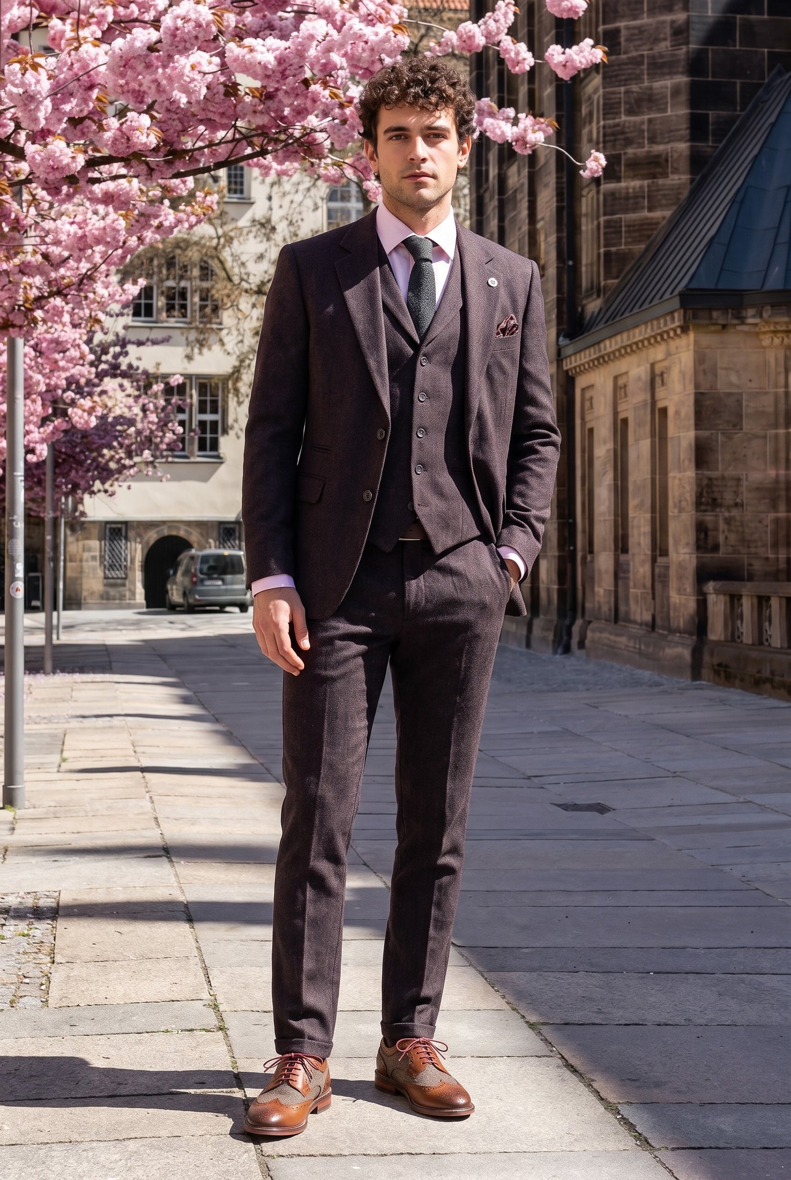 Look #992 styled with Ανδρικό κοστούμι 3 τεμαχίων από τουίντ σε χρώμα δαμάσκηνου και ψαροκόκαλο