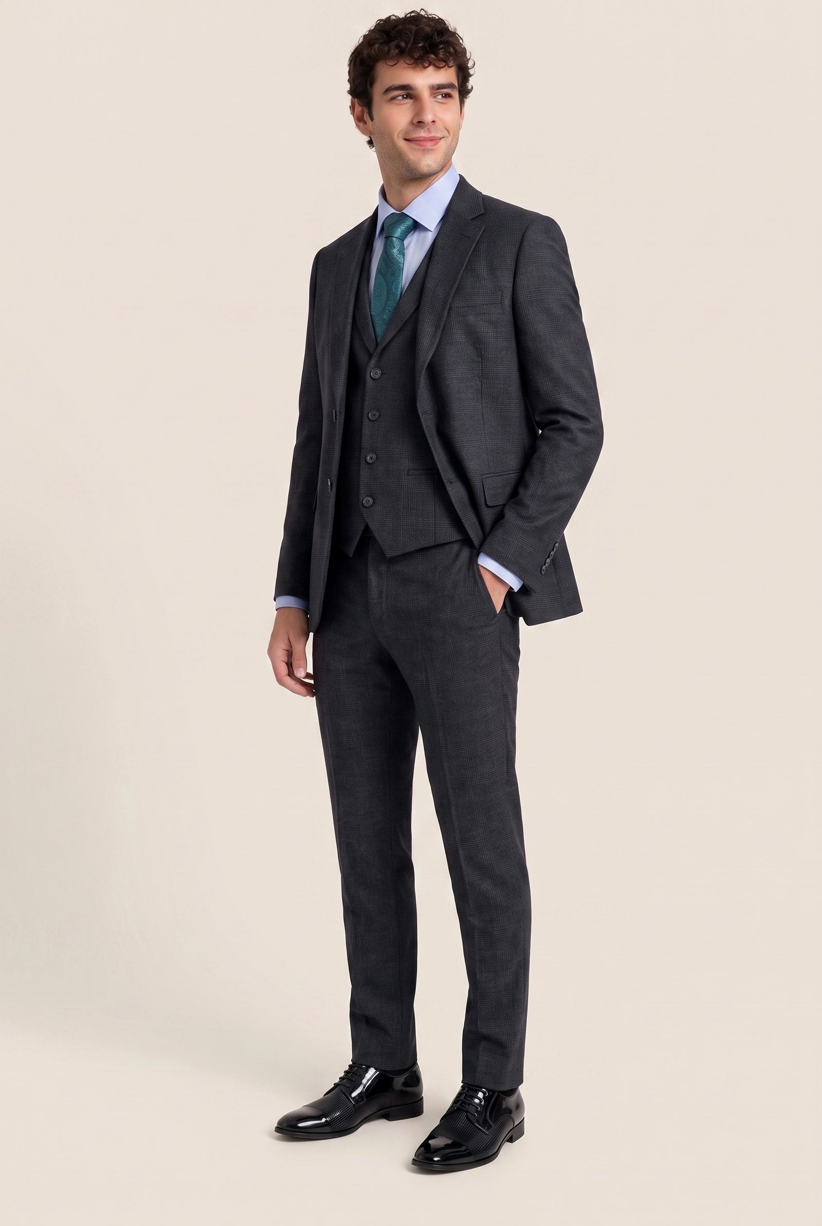 Look #964 styled with Ανδρικό μαύρο καρό κοστούμι 3 τεμαχίων Glen