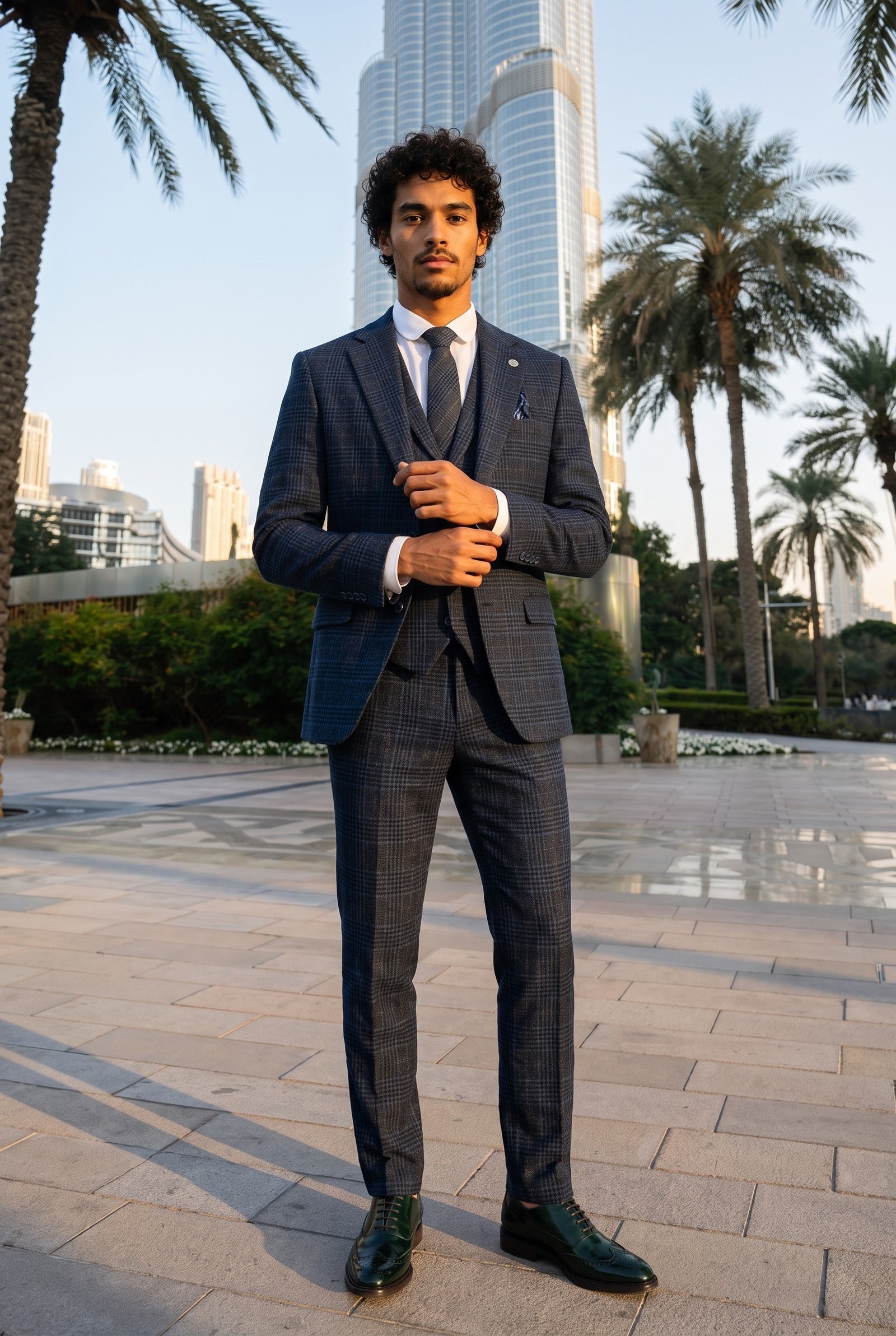 Look #266 styled with Ανδρικό Μπλε Καρό Κοστούμι 3 Τεμαχίων με Καρό Στυλ