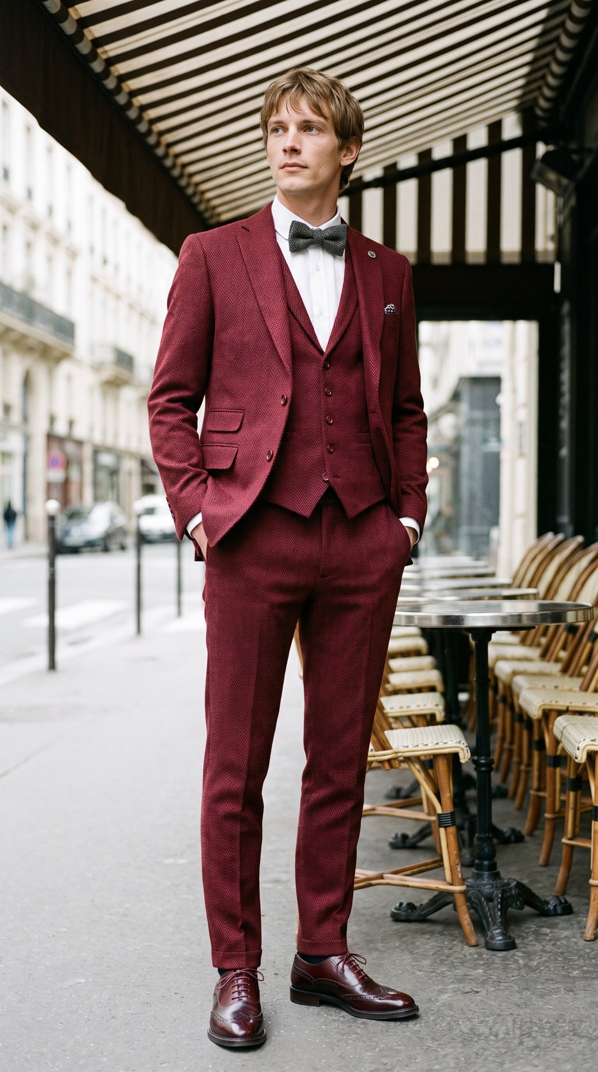 Look #144 styled with Ανδρικό κοστούμι 3 τεμαχίων από τουίντ σε χρώμα ψαροκόκαλο, καφέ-καφέ - STZ11