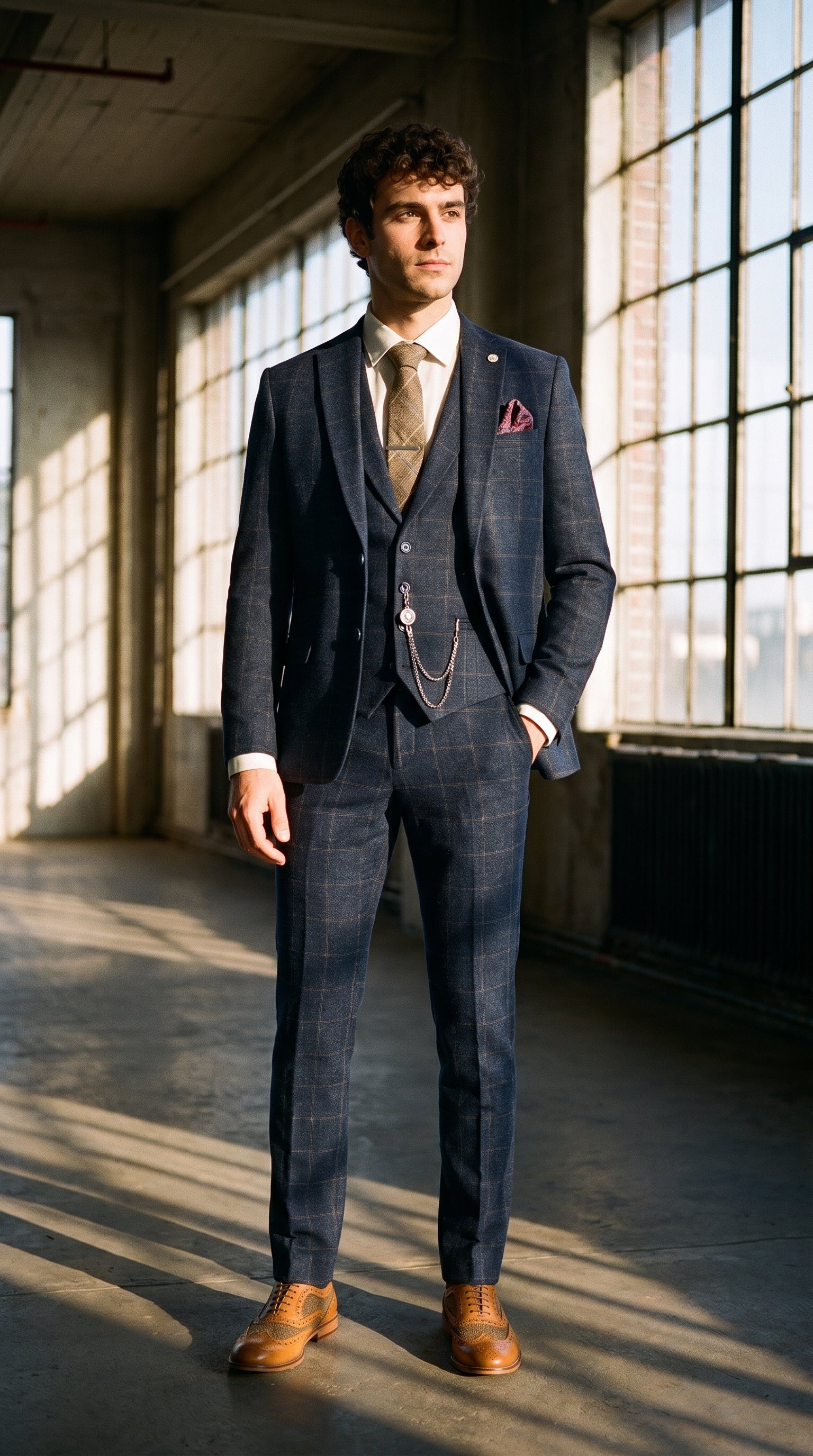 Look #725 styled with Ανδρικό κοστούμι 3 τεμαχίων από μάλλινο τουίντ, σκούρο μπλε, καφέ καρό, Gatsby της δεκαετίας του 1920