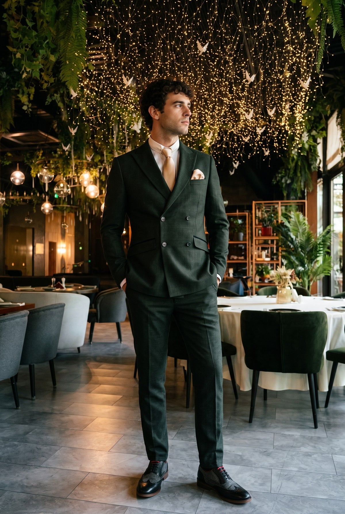 Look #784 styled with Caridi - Ανδρικό Σταυρωτό Κοστούμι 2 Τεμαχίων σε Λαδί Χρώμα