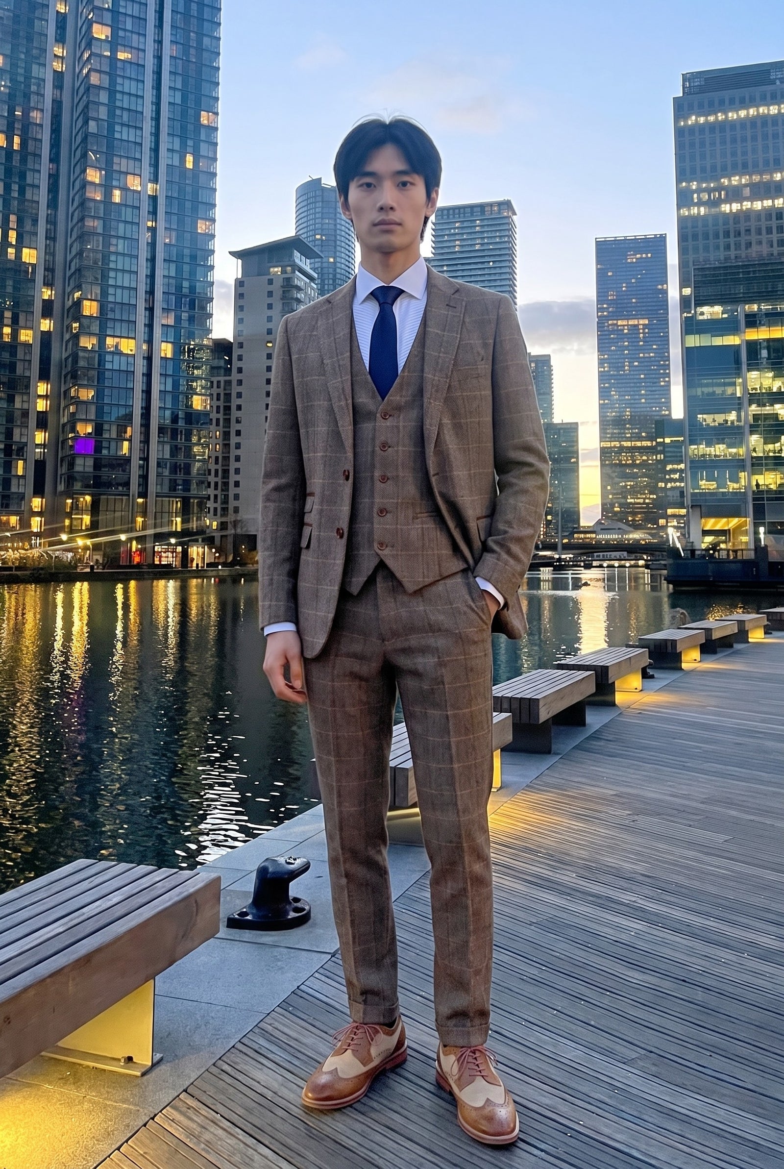 Look #536 styled with Harris - Ανδρικό Καφέ Κοστούμι 3 Τεμαχίων από Τουίντ με Καρό Σχέδιο και Σχέδιο