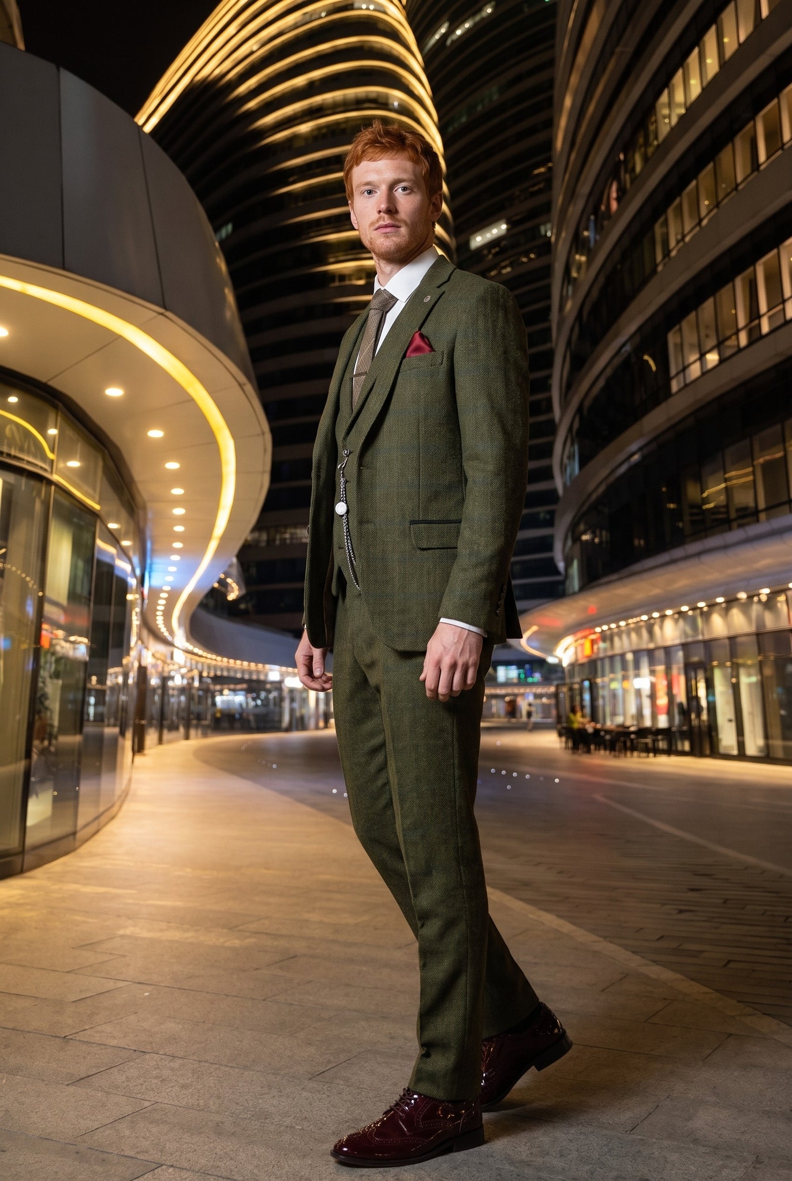 Look #708 styled with Ανδρικό κοστούμι 3 τεμαχίων από μάλλινο τουίντ, πράσινο, μπλε, καφέ, καρό, Gatsby της δεκαετίας του 1920