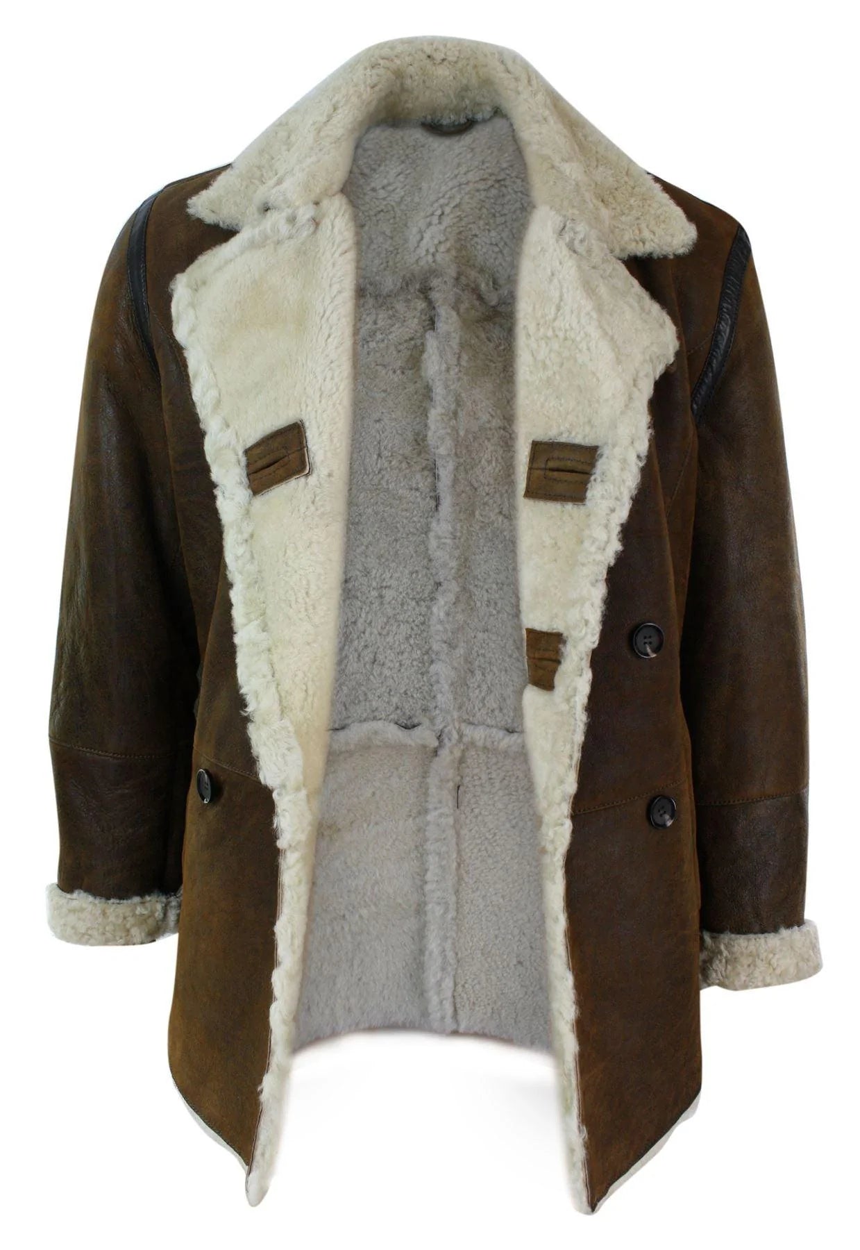 Ανδρικό μπουφάν Real Shearling από δέρμα προβάτου Γερμανικού Ναυτικού με διπλό στήθος, vintage καφέ