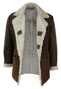Ανδρικό μπουφάν Real Shearling από δέρμα προβάτου Γερμανικού Ναυτικού με διπλό στήθος, vintage καφέ