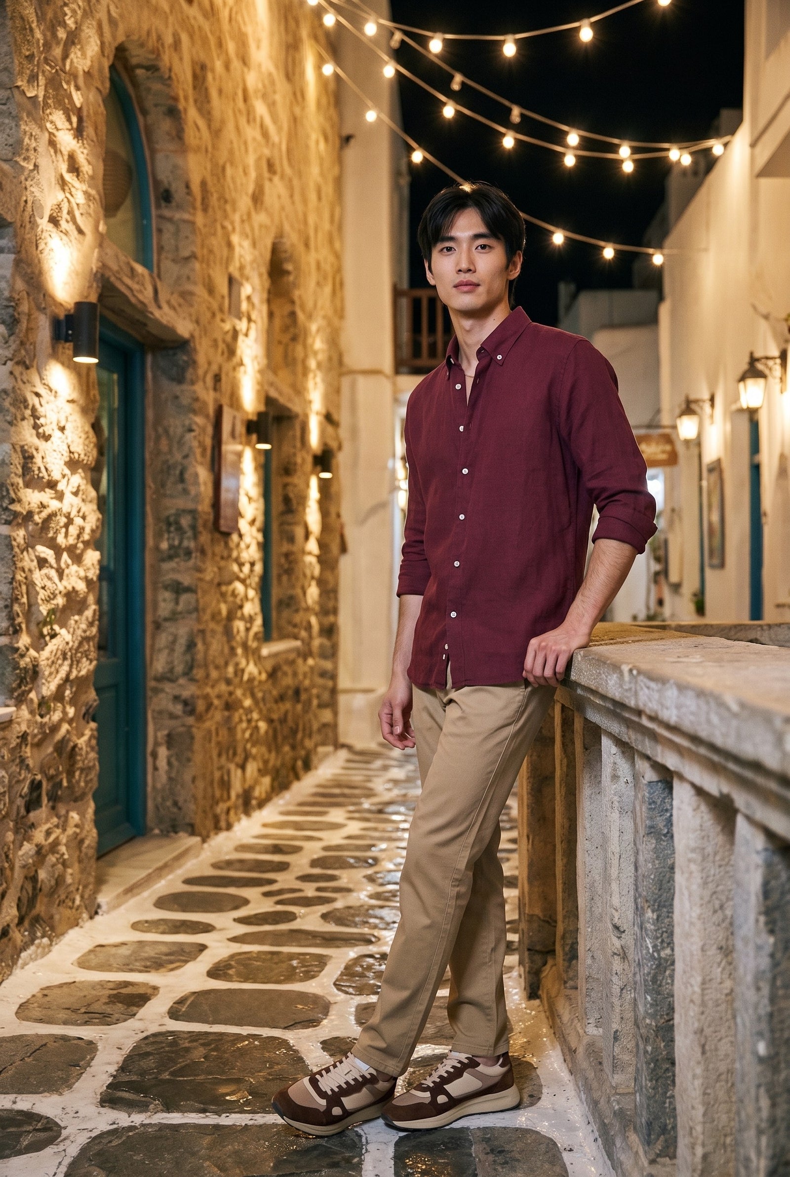 Look #1031 styled with Ανδρικό παντελόνι Chino από χακί λινό μείγμα, λεπτό καλοκαιρινό ύφασμα Tencel από βαμβάκι