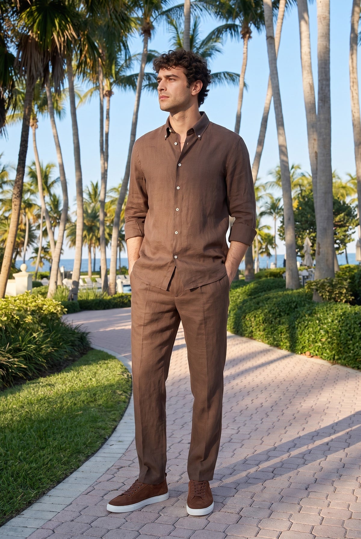 Look #872 styled with Ανδρικό σκούρο καφέ πουκάμισο από καθαρό λινό με μακριά μανίκια και κουμπιά, καλοκαιρινό πουκάμισο
