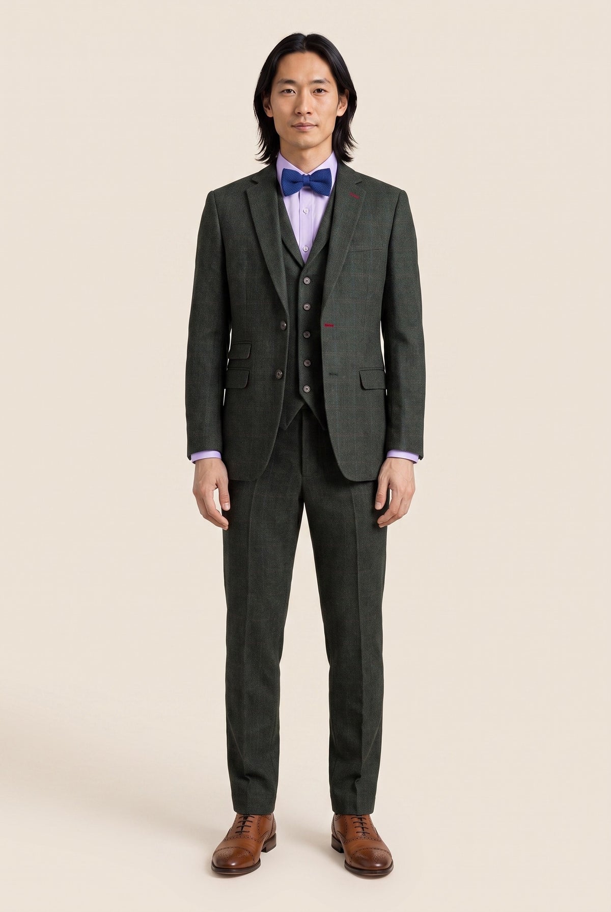 Look #1003 styled with Ανδρικό κοστούμι Joshua σε 3 τεμάχια, πράσινο τουίντ, στενή γραμμή