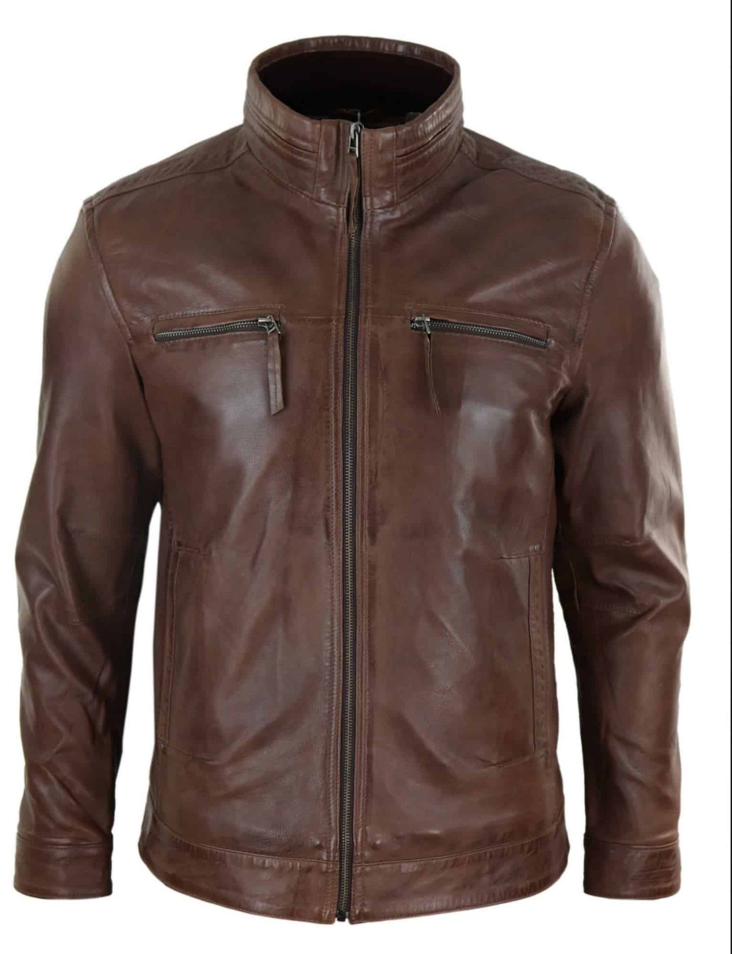 Ανδρικό μπουφάν με ψηλό γιακά από γνήσιο δέρμα - Καφέ