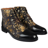 Adam- Ανδρικές Δερμάτινες Μπότες Oxford με Floral Print, Μαύρες, Μέχρι τον Άστραγαλο