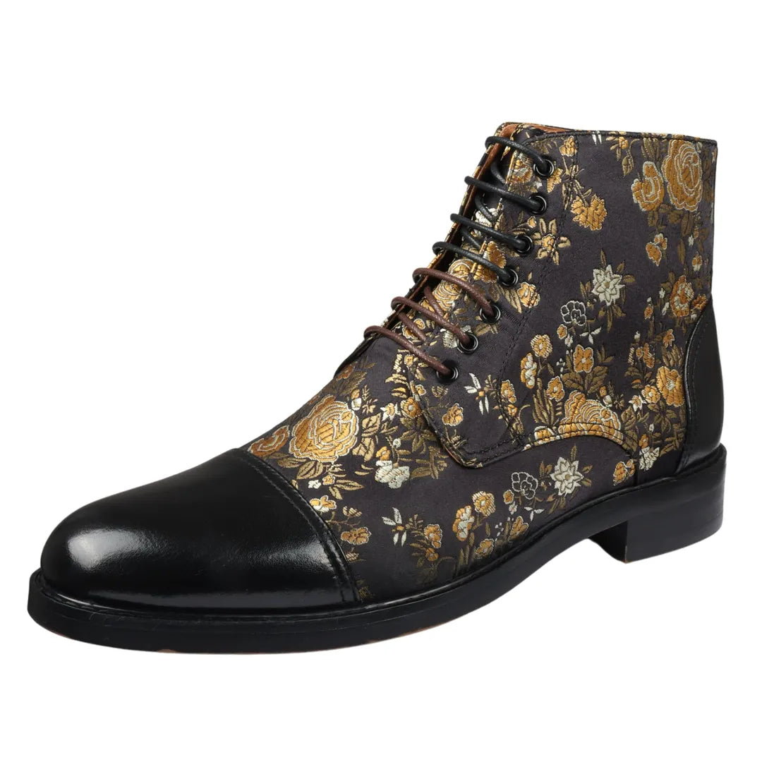 Adam- Ανδρικές Δερμάτινες Μπότες Oxford με Floral Print, Μαύρες, Μέχρι τον Άστραγαλο