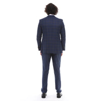 Ανδρικό κοστούμι 3 τεμαχίων, μπλε καρό, γιλέκο με αντίθεση, παντελόνι, προσαρμοσμένη εφαρμογή, γάμος