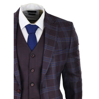 Ανδρικό κοστούμι 3 τεμαχίων Μωβ Μπλε Καρό Γιλέκο με Αντίθεση σε Καρό Στάμπα Γάμου