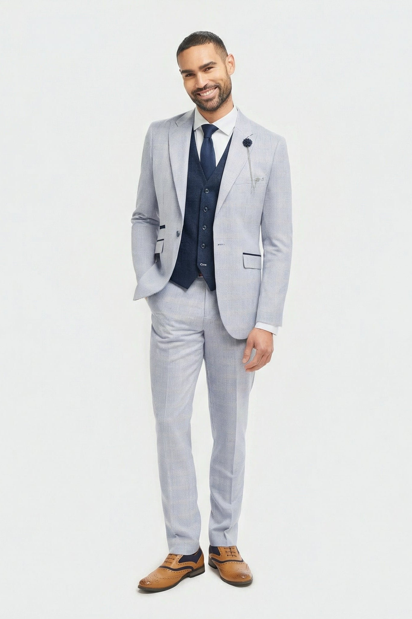 Ανδρικό ανοιχτό μπλε καρό κοστούμι 3 τεμαχίων Prince of Wales με γιλέκο σε μπλε χρώμα