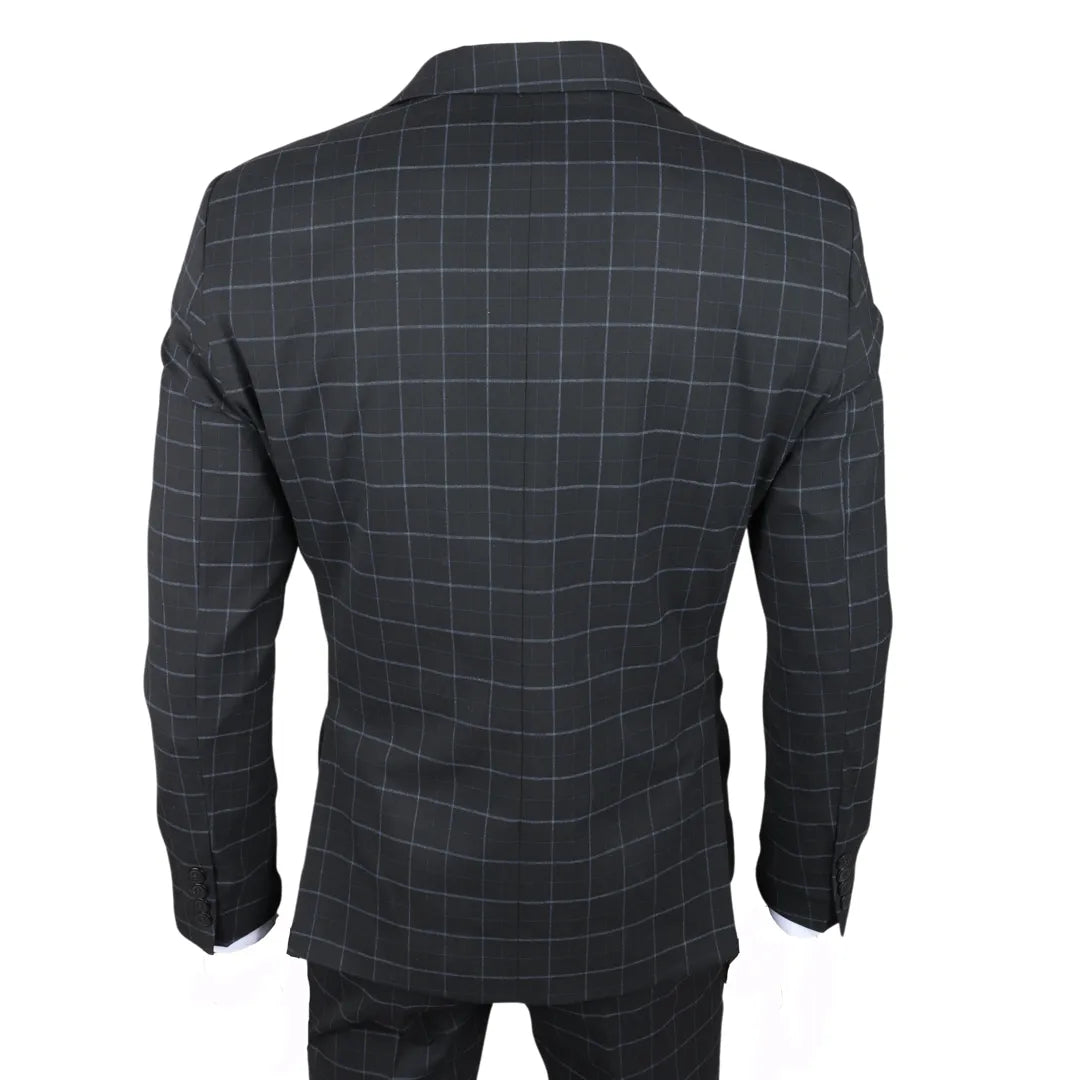 Ανδρικό μαύρο καρό κοστούμι IM3 σε 3 τεμάχια, με ραφές και εφαρμογή