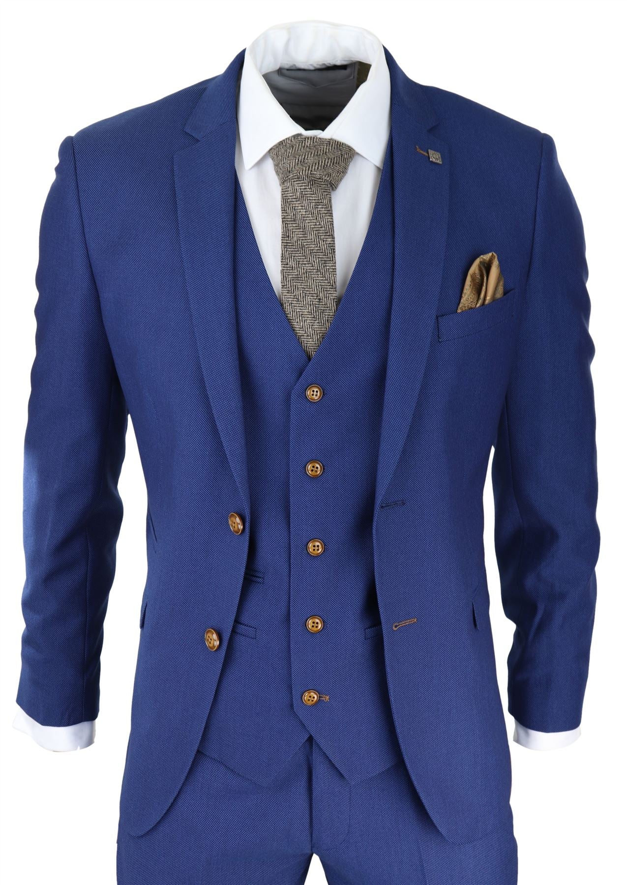 Ανδρικό κοστούμι 3 τεμαχίων Royal Blue με καφέ τελείωμα, κλασικό Birdseye Vintage Γαμπρούς