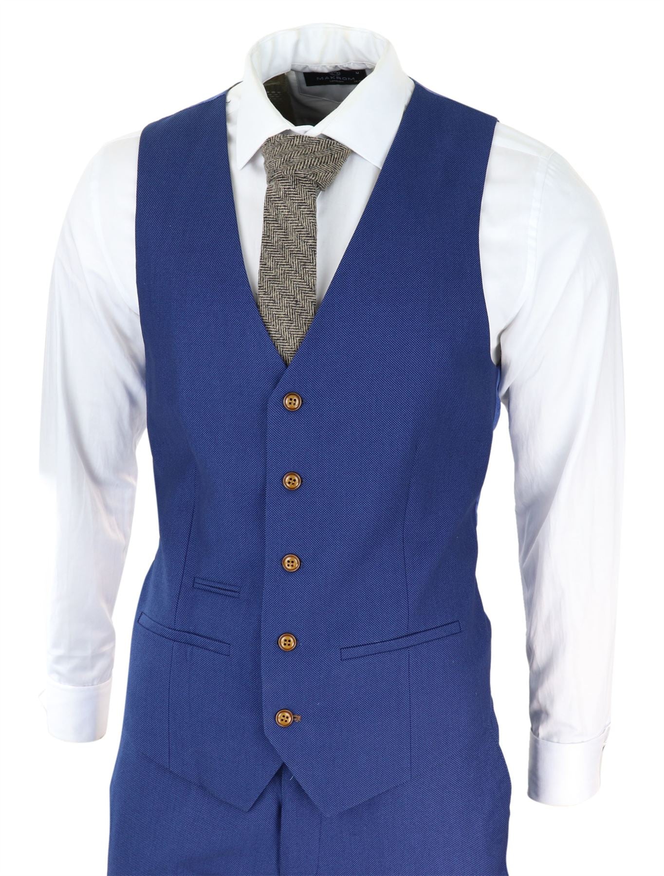 Ανδρικό κοστούμι 3 τεμαχίων Royal Blue με καφέ τελείωμα, κλασικό Birdseye Vintage Γαμπρούς
