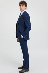 Ανδρικό κοστούμι 3 τεμαχίων σε μπλε ναυτικό χρώμα, καφέ τελείωμα, κλασικό Birdseye Vintage γάμου